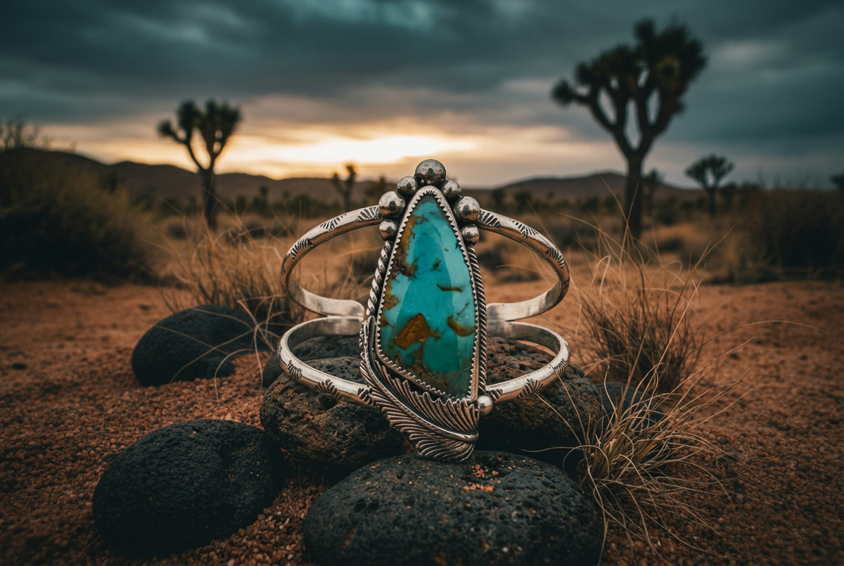 Turquoise cuff in a moody desert sunset setting