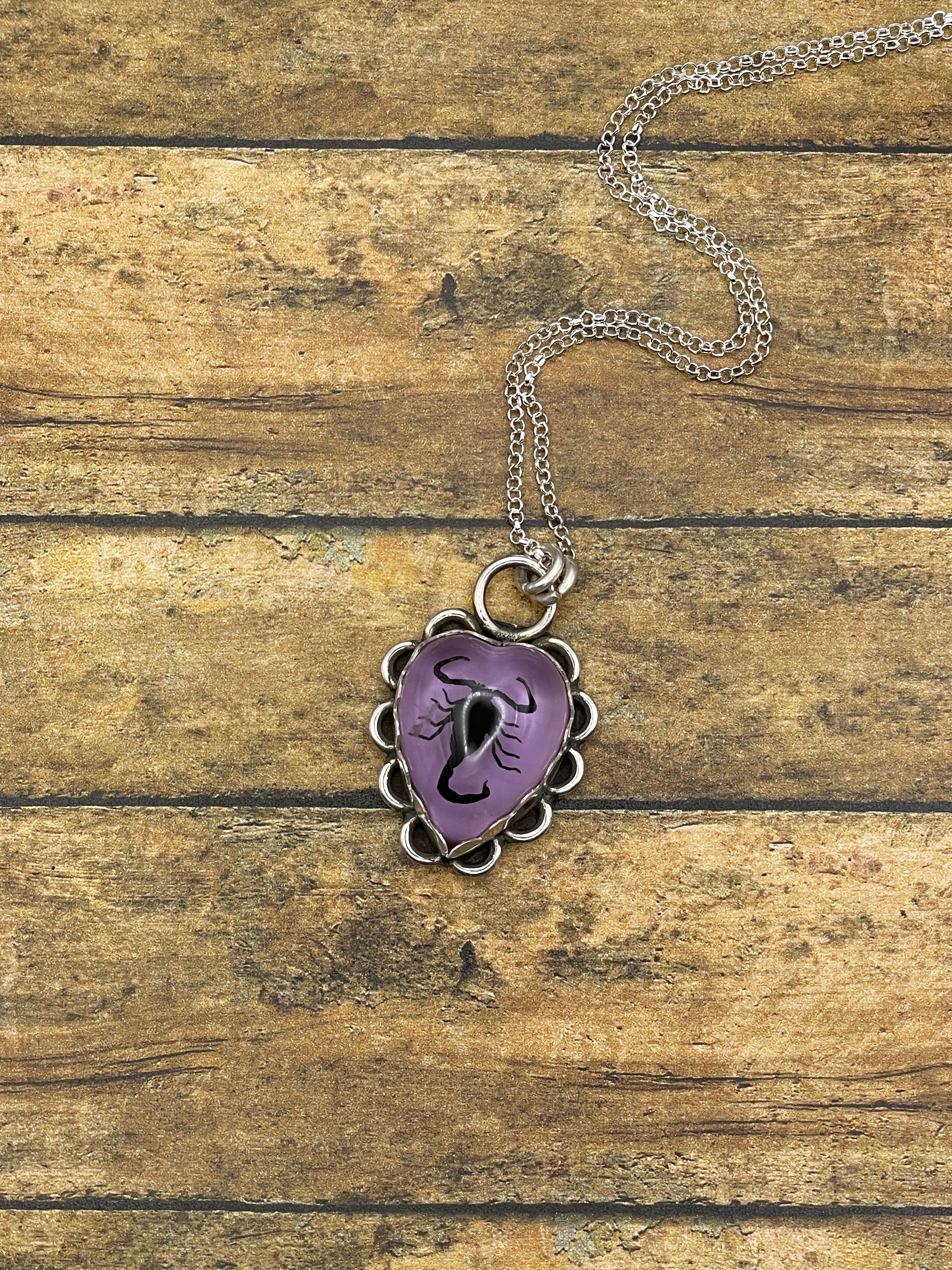 Wrigley-Black Scorpion in Purple Resin Heart Pendant