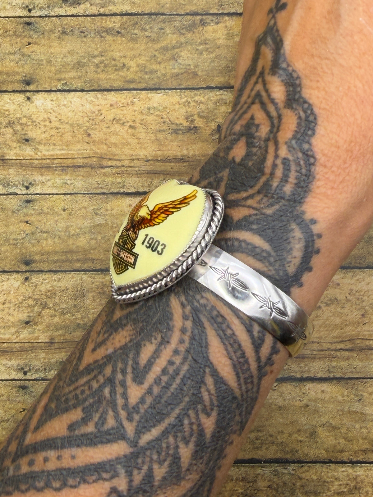 Davidson – Reclaimed Harley Davidson Eagle & Shield Billiard Ball Cuff | MADE TO ORDER | Sterling Silver | Biker Jewelry