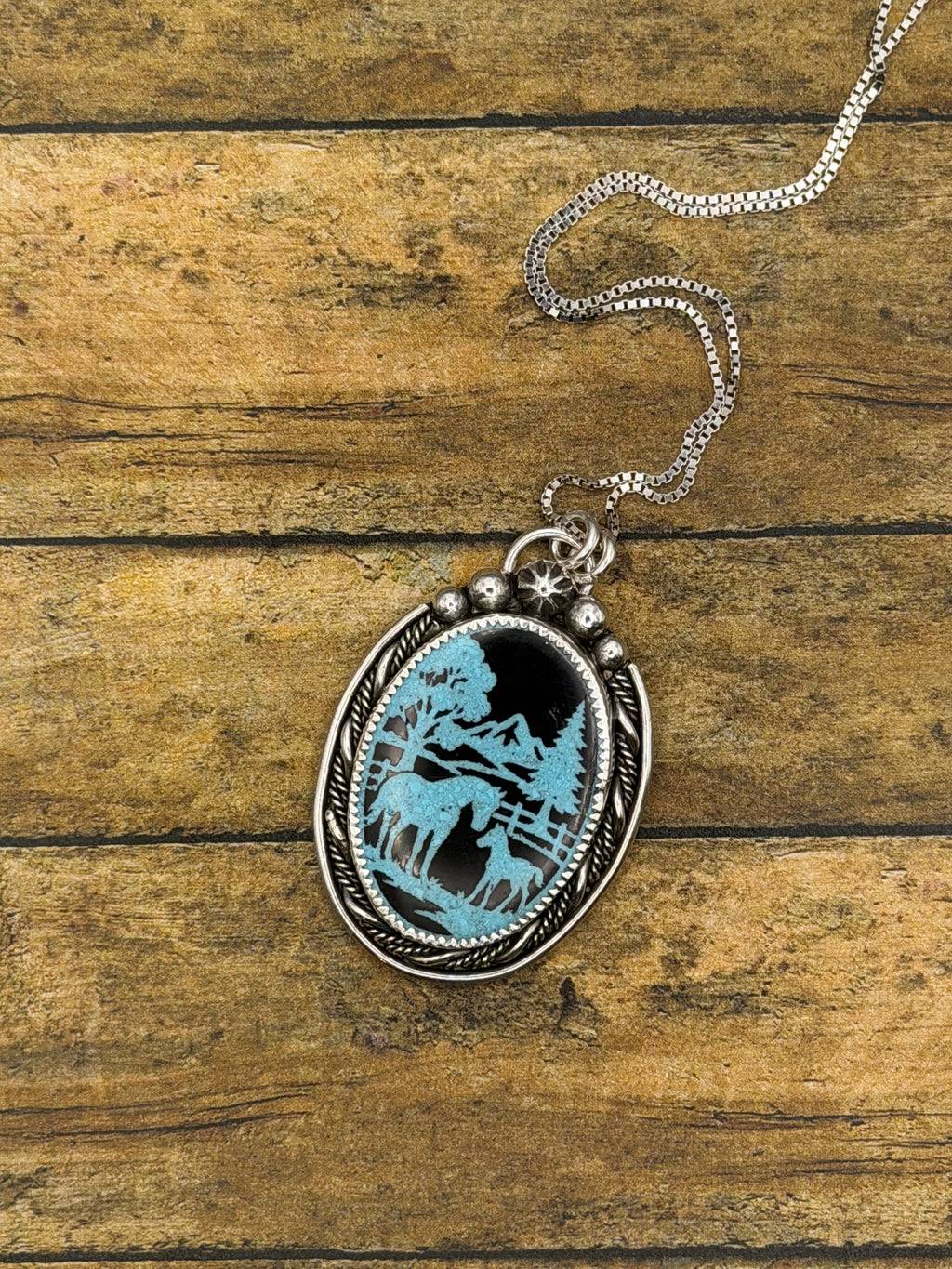 Mustang – Turquoise Inlay Horse Scene Pendant | Western Sterling Silver Necklace | Equestrian Jewelry