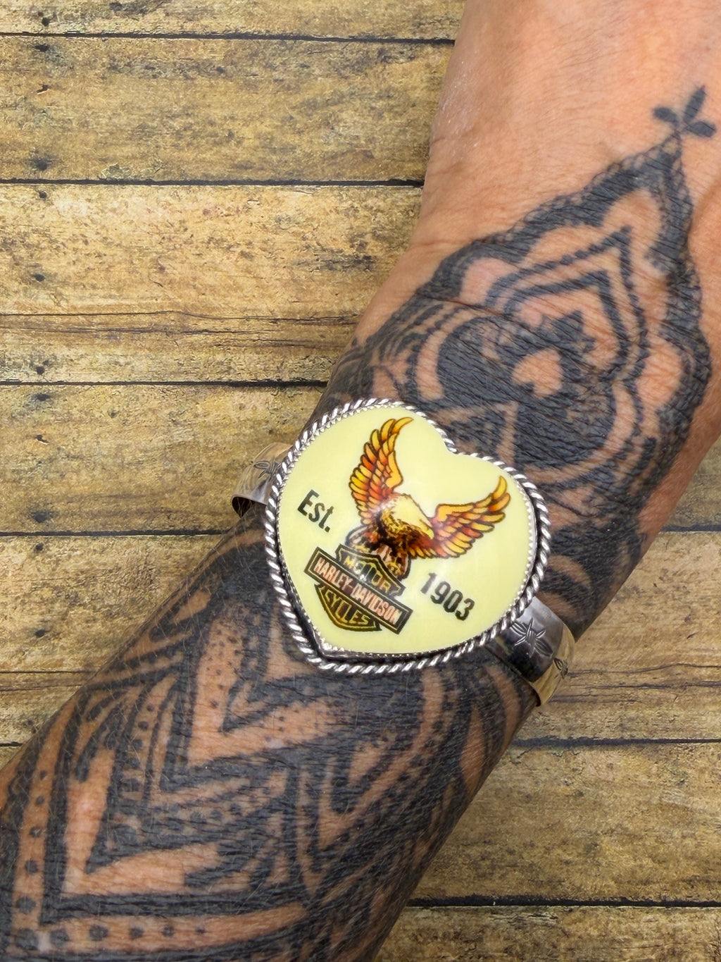 Davidson – Reclaimed Harley Davidson Eagle & Shield Billiard Ball Cuff | MADE TO ORDER | Sterling Silver | Biker Jewelry