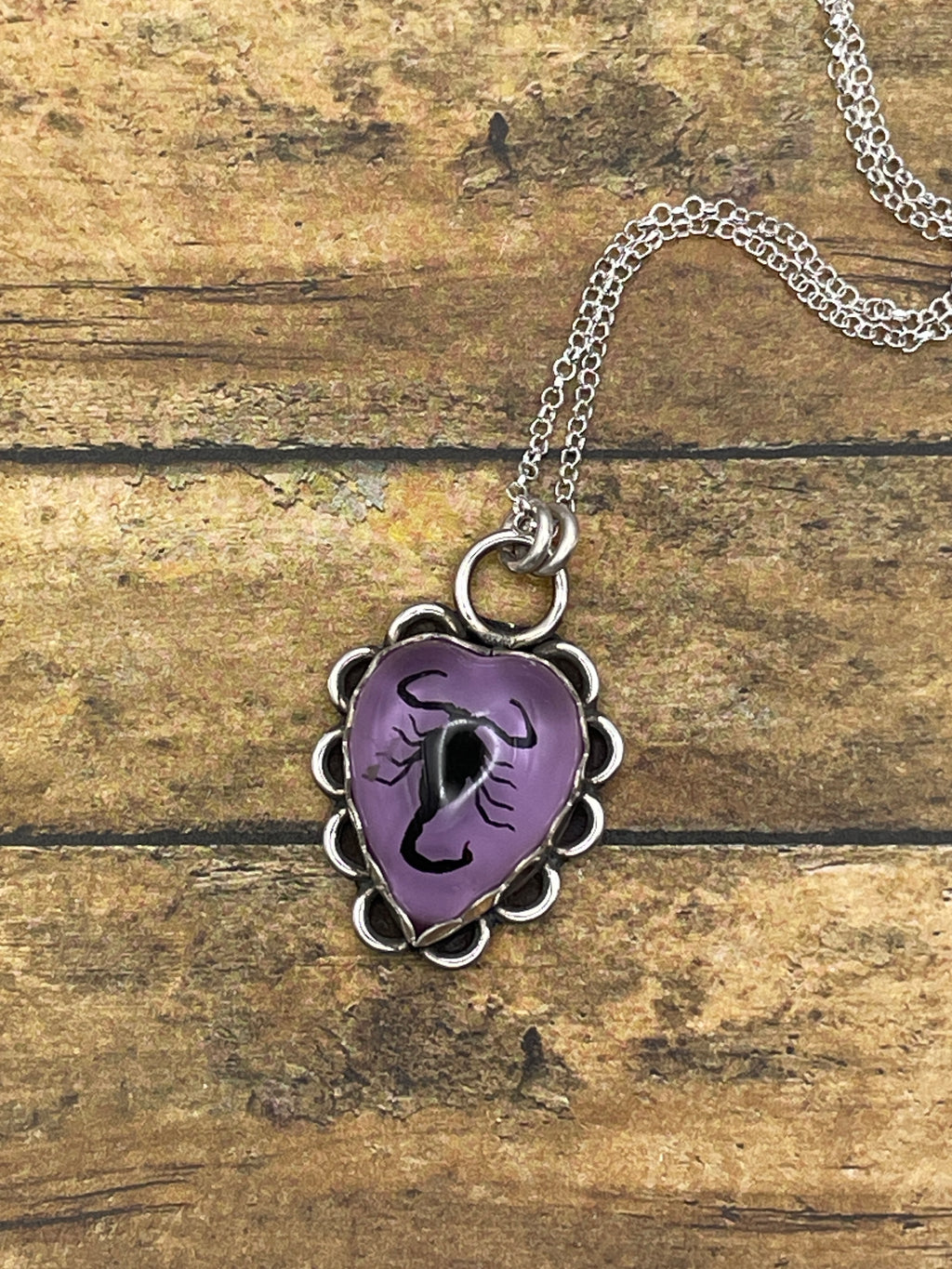 Wrigley-Black Scorpion in Purple Resin Heart Pendant