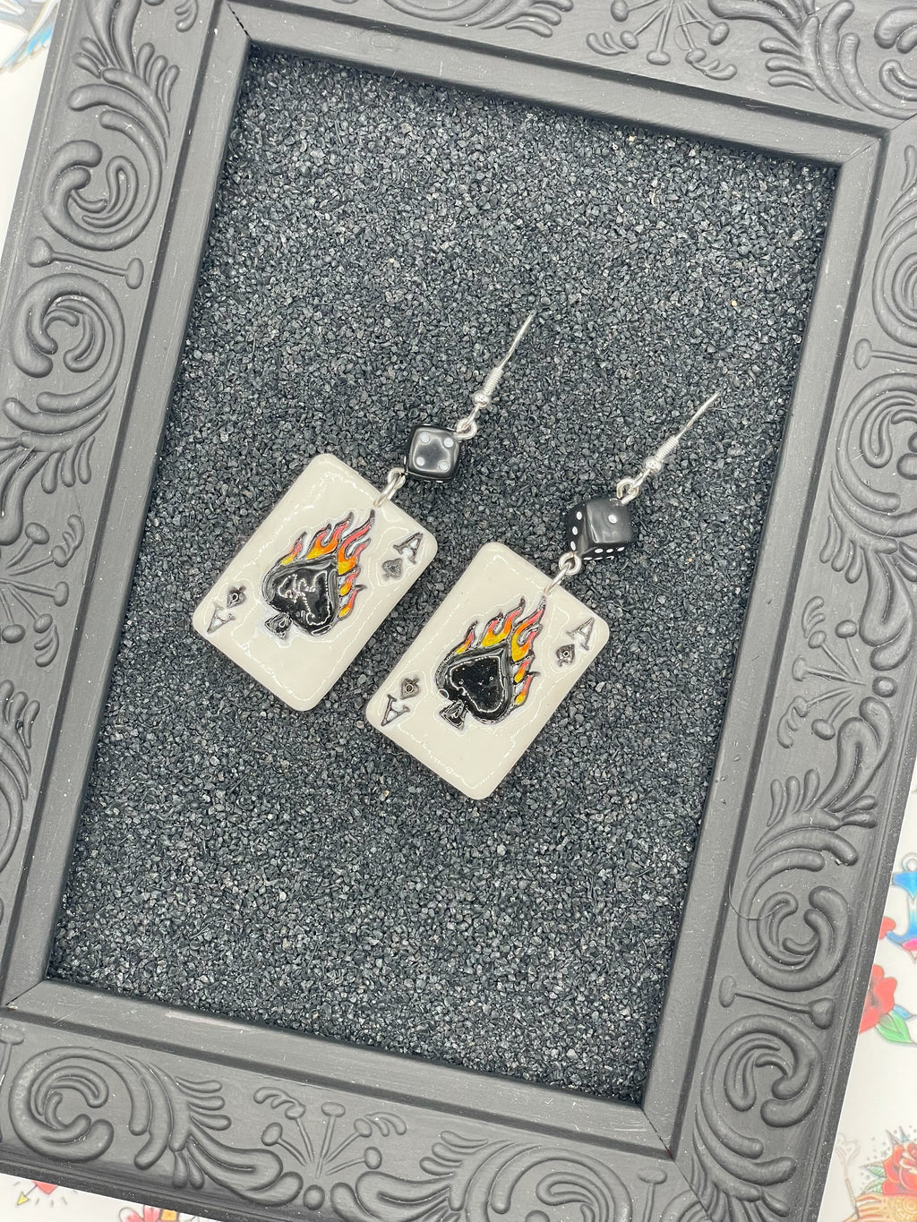 Tattoo-Flaming Ace of Spades Playing Card Earrings with Dice Detail: Handmade, Hand-Painted Polymer Clay