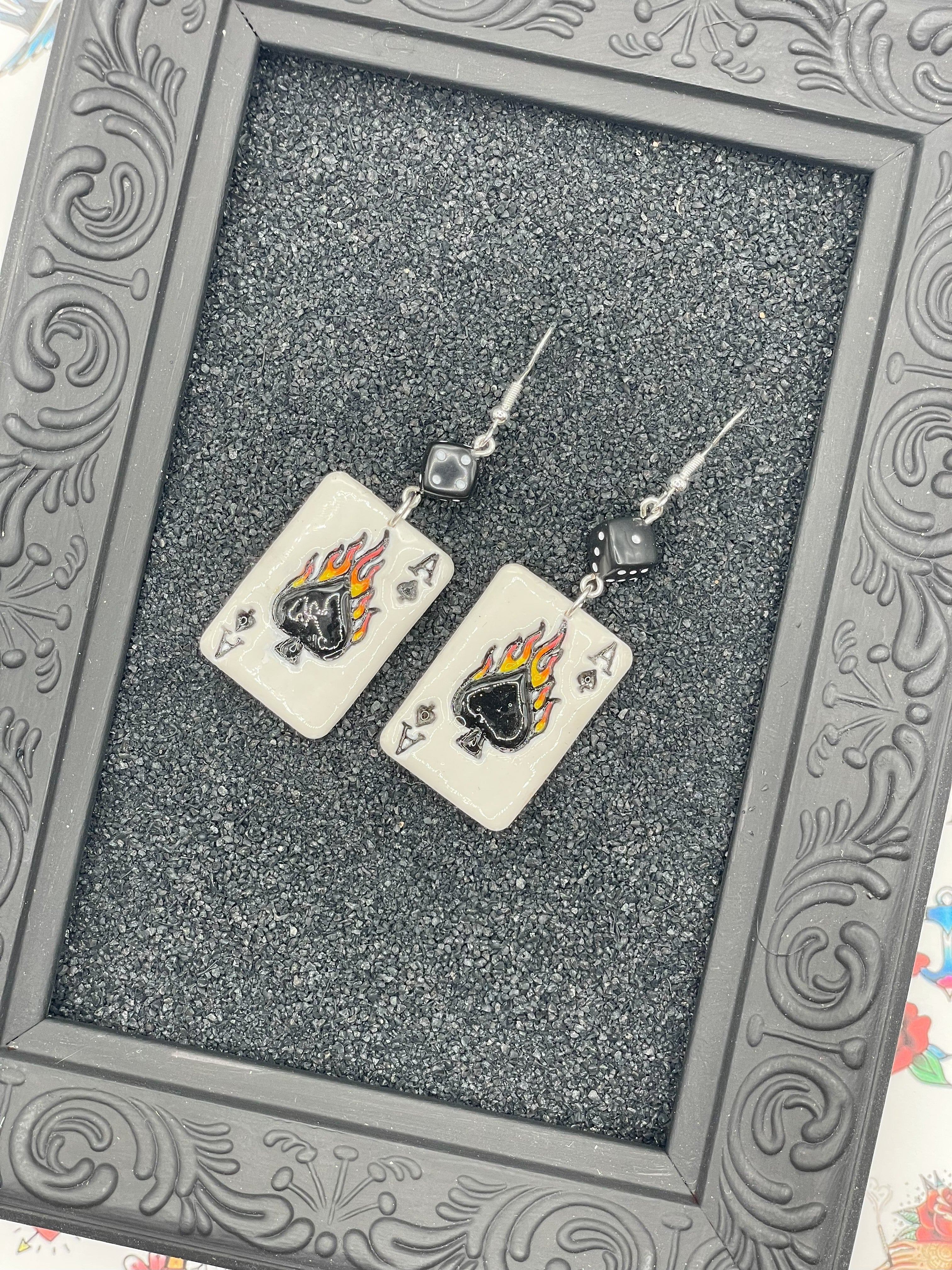 Tattoo-Flaming Ace of Spades Playing Card Earrings with Dice Detail: Handmade, Hand-Painted Polymer Clay