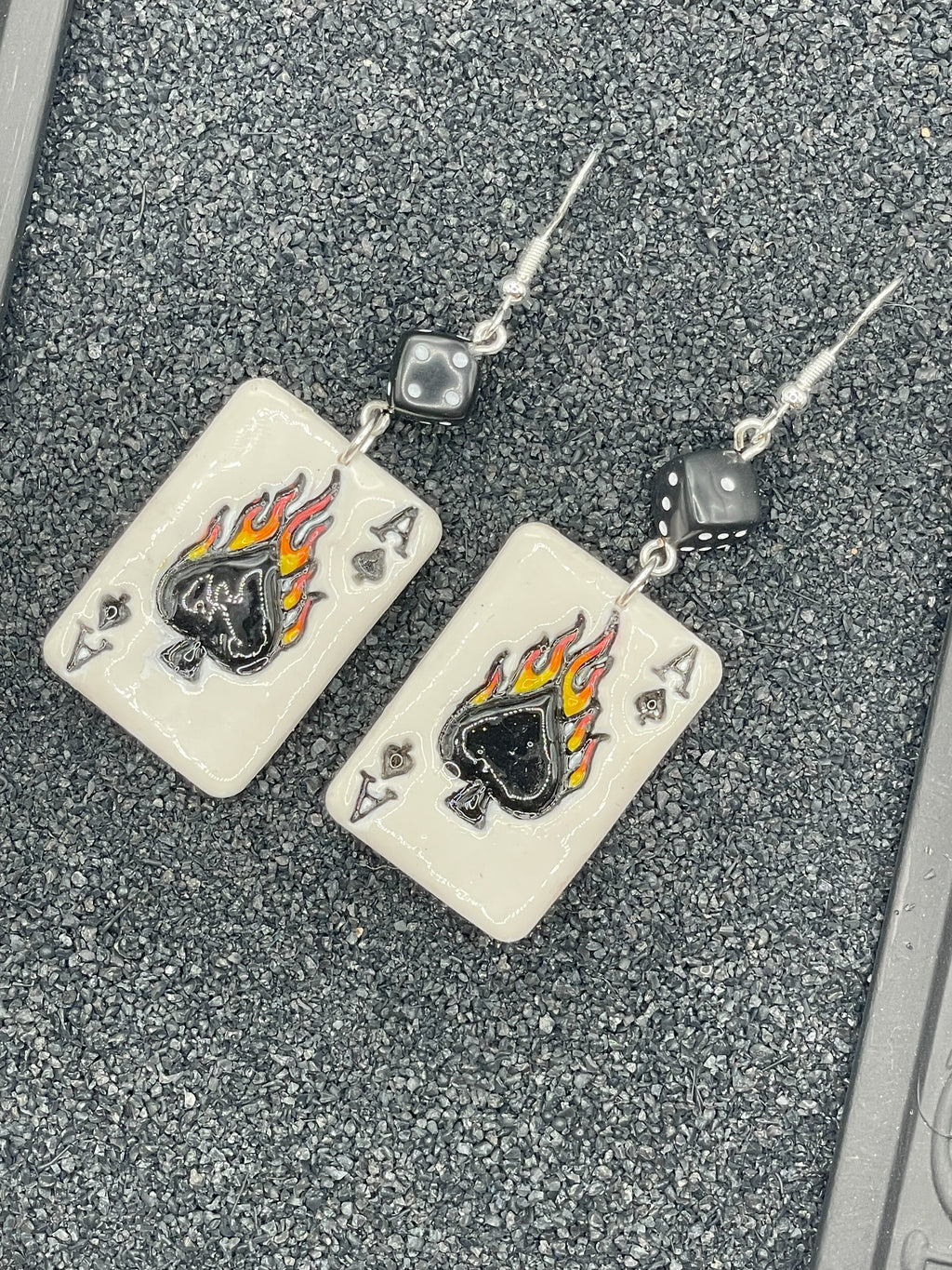 Tattoo-Flaming Ace of Spades Playing Card Earrings with Dice Detail: Handmade, Hand-Painted Polymer Clay