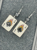 Tattoo-Flaming Ace of Spades Playing Card Earrings with Dice Detail: Handmade, Hand-Painted Polymer Clay