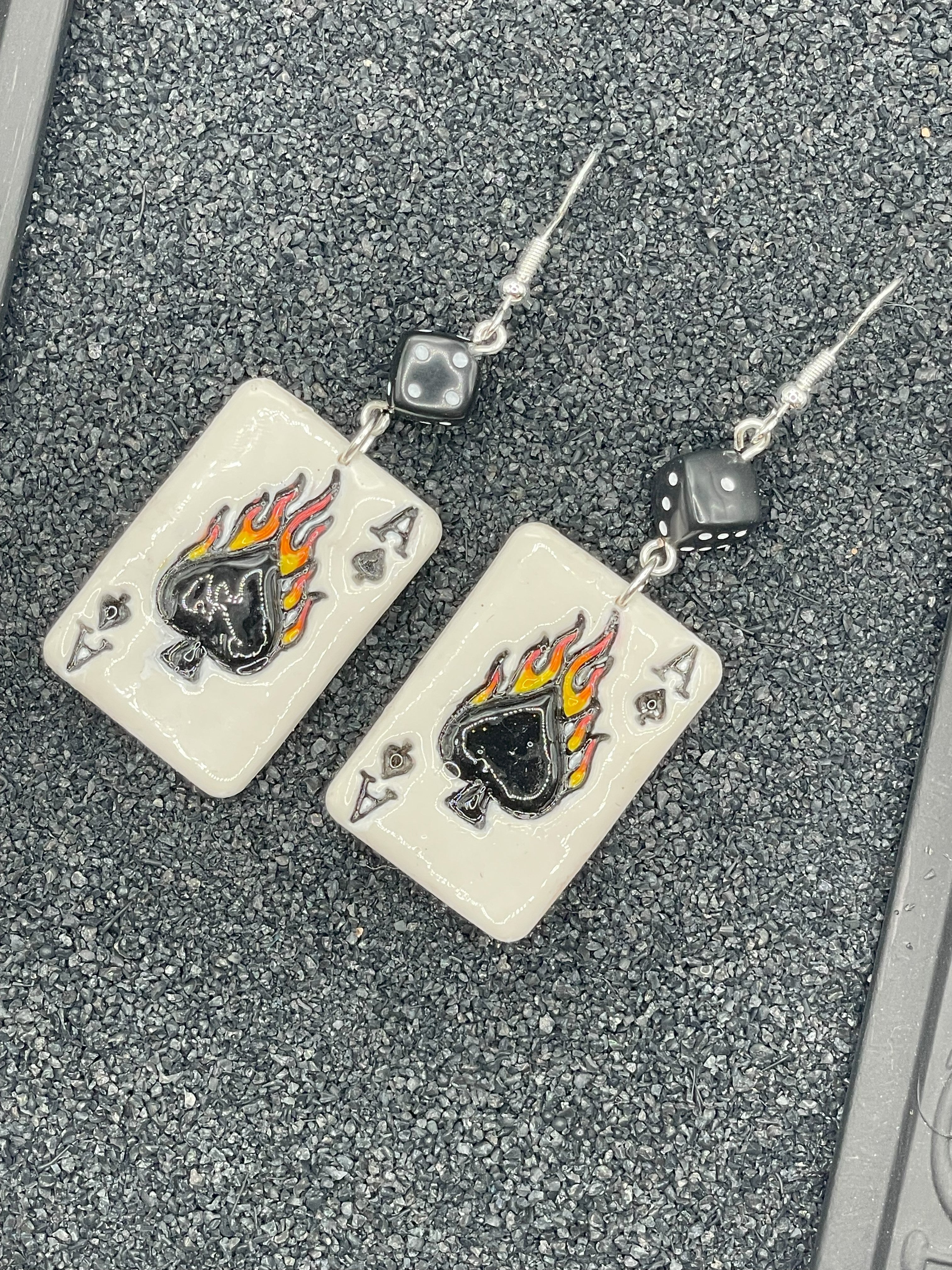 Tattoo-Flaming Ace of Spades Playing Card Earrings with Dice Detail: Handmade, Hand-Painted Polymer Clay