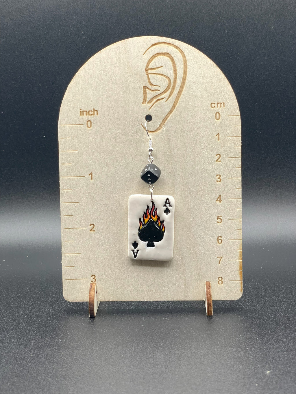 Tattoo-Flaming Ace of Spades Playing Card Earrings with Dice Detail: Handmade, Hand-Painted Polymer Clay