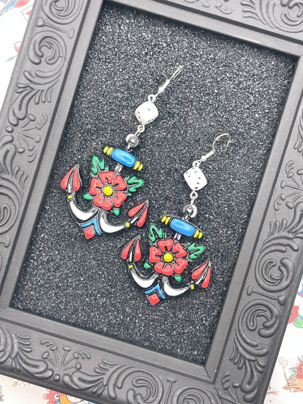 Tattoo-Anchor Earrings with Dice: Handmade, Hand-Painted Polymer Clay