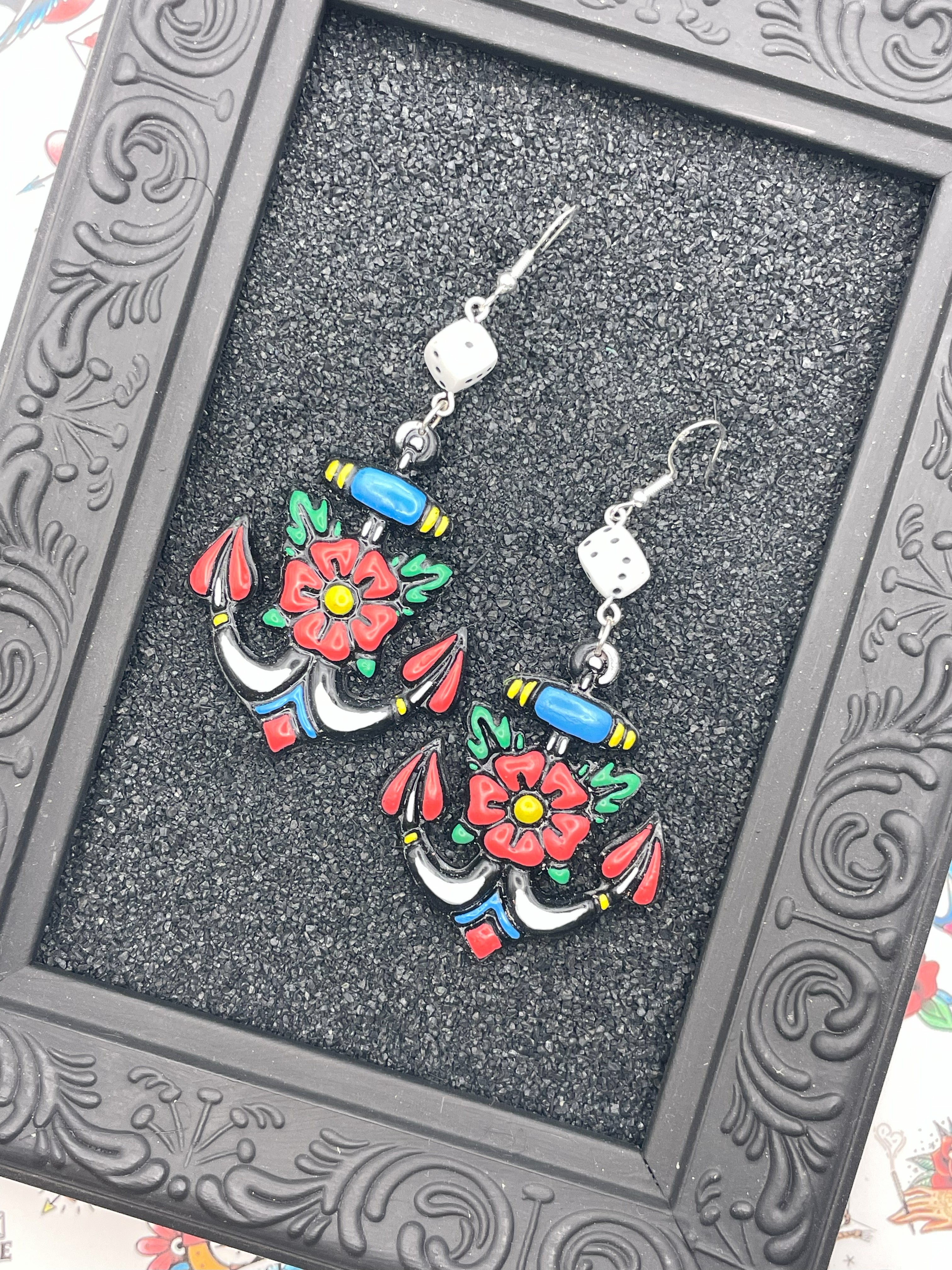 Tattoo-Anchor Earrings with Dice: Handmade, Hand-Painted Polymer Clay
