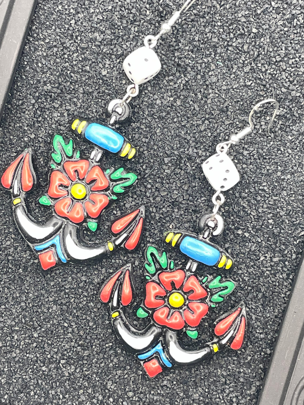 Tattoo-Anchor Earrings with Dice: Handmade, Hand-Painted Polymer Clay