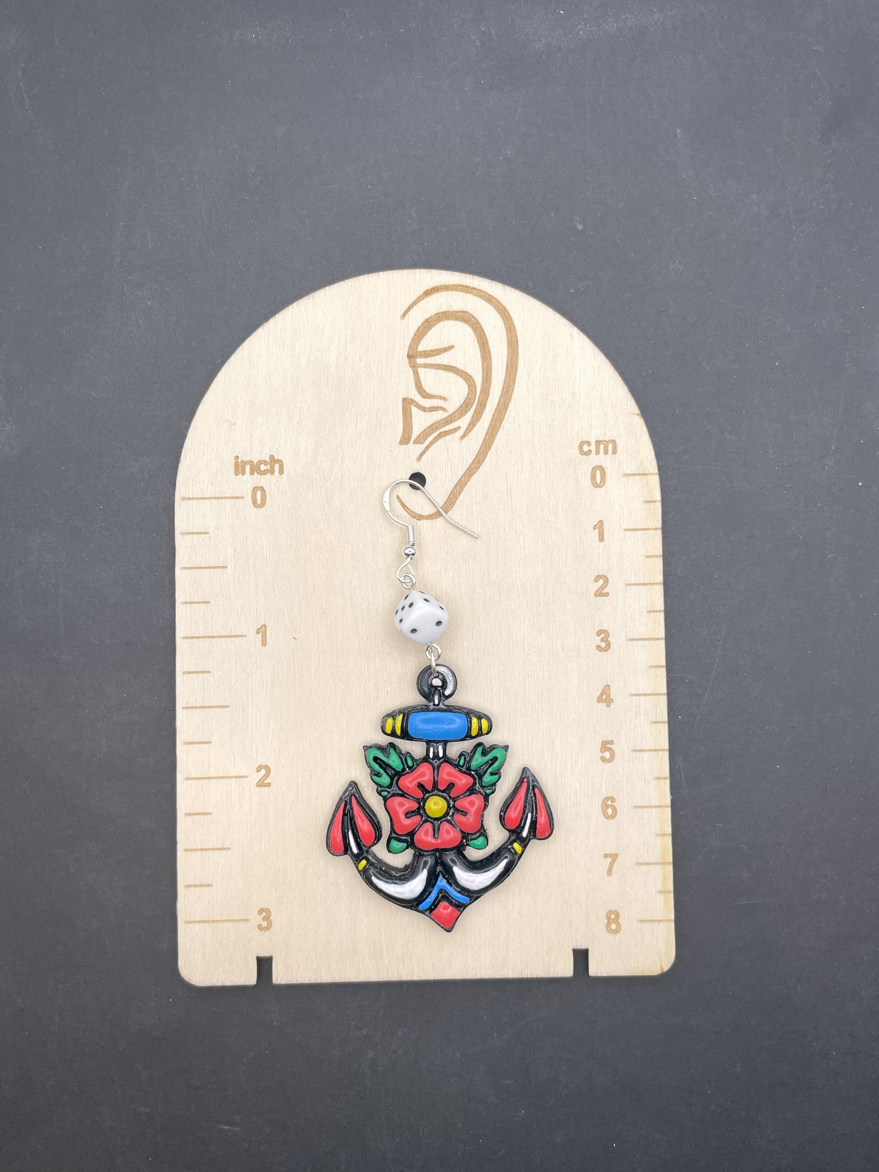 Tattoo-Anchor Earrings with Dice: Handmade, Hand-Painted Polymer Clay