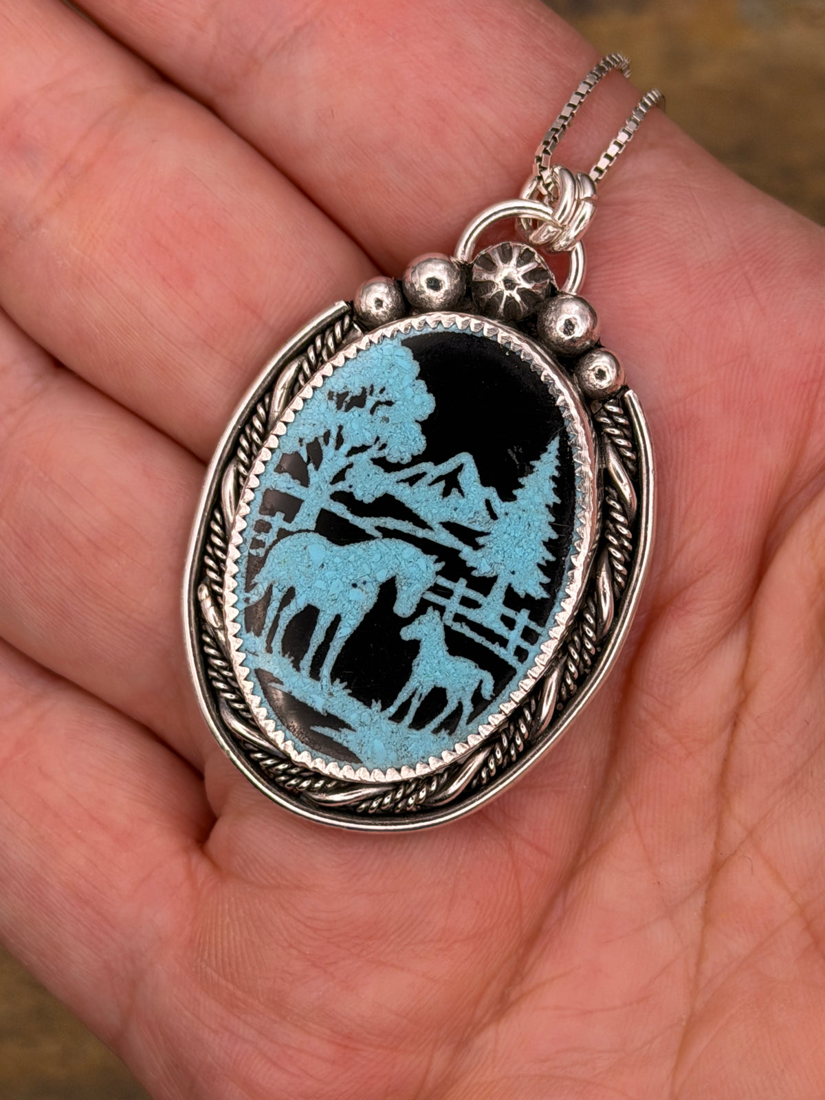 Mustang – Turquoise Inlay Horse Scene Pendant | Western Sterling Silver Necklace | Equestrian Jewelry