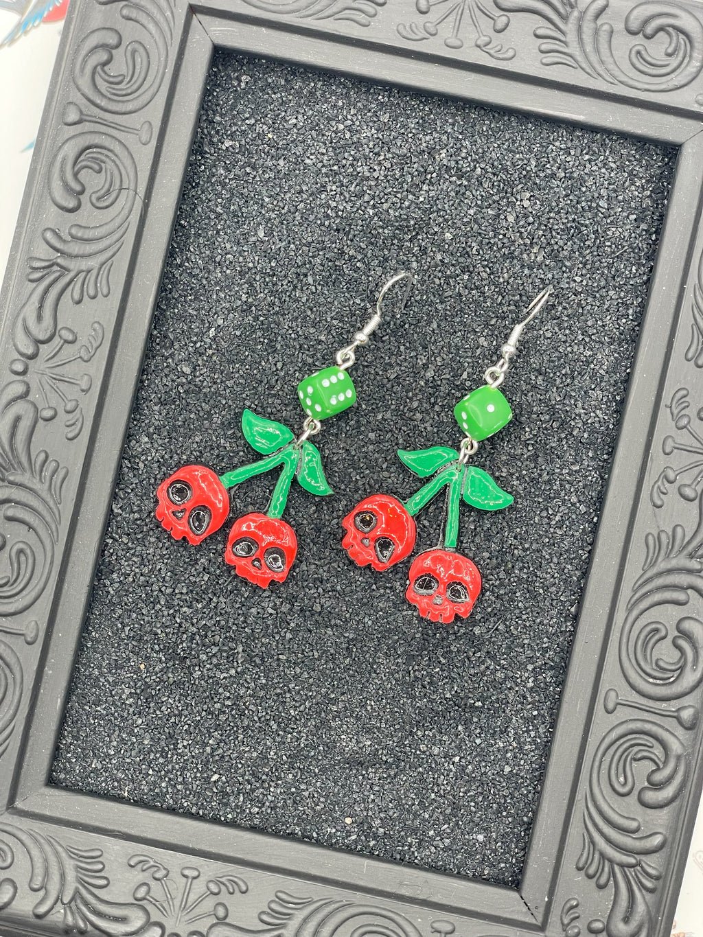 Tattoo-Cherry Skull Earrings with Dice Detail: Handmade, Hand-Painted Polymer Clay