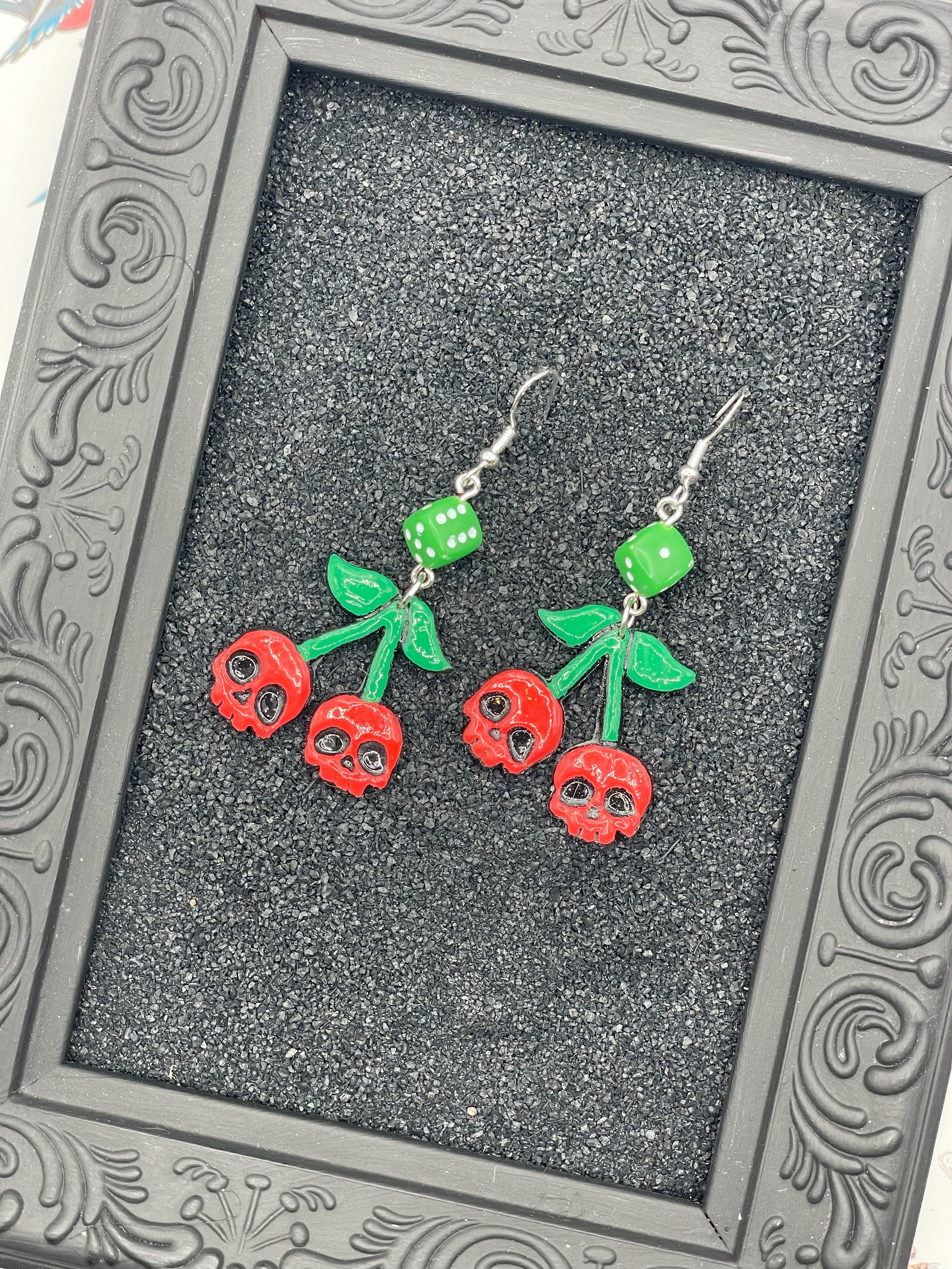 Tattoo-Cherry Skull Earrings with Dice Detail: Handmade, Hand-Painted Polymer Clay