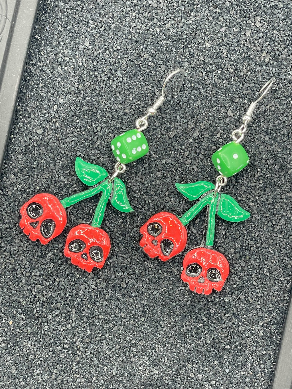 Tattoo-Cherry Skull Earrings with Dice Detail: Handmade, Hand-Painted Polymer Clay