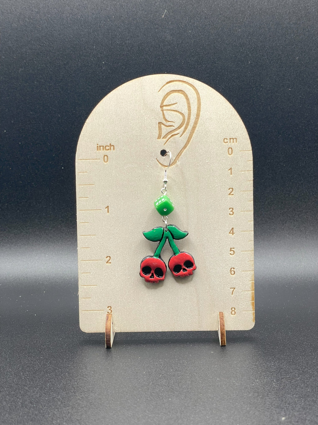 Tattoo-Cherry Skull Earrings with Dice Detail: Handmade, Hand-Painted Polymer Clay