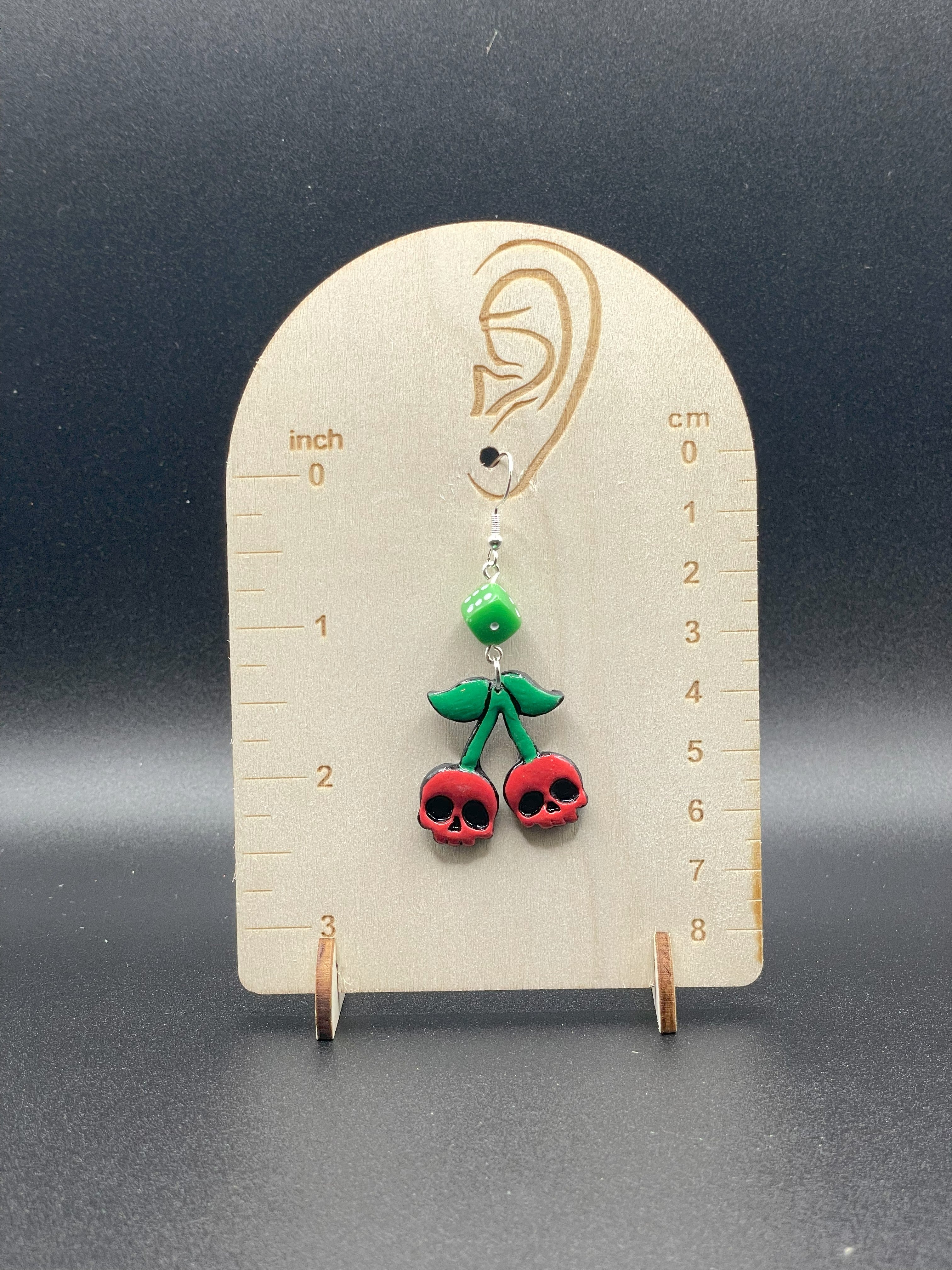 Tattoo-Cherry Skull Earrings with Dice Detail: Handmade, Hand-Painted Polymer Clay