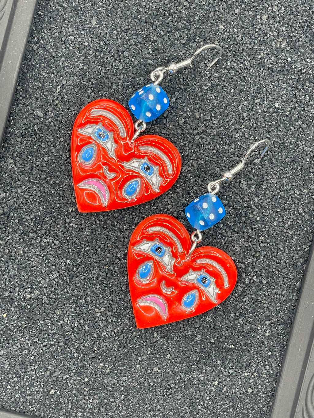 Tattoo-Crying Heart Earrings with Dice Detail: Handmade, and-Painted Polymer Clay
