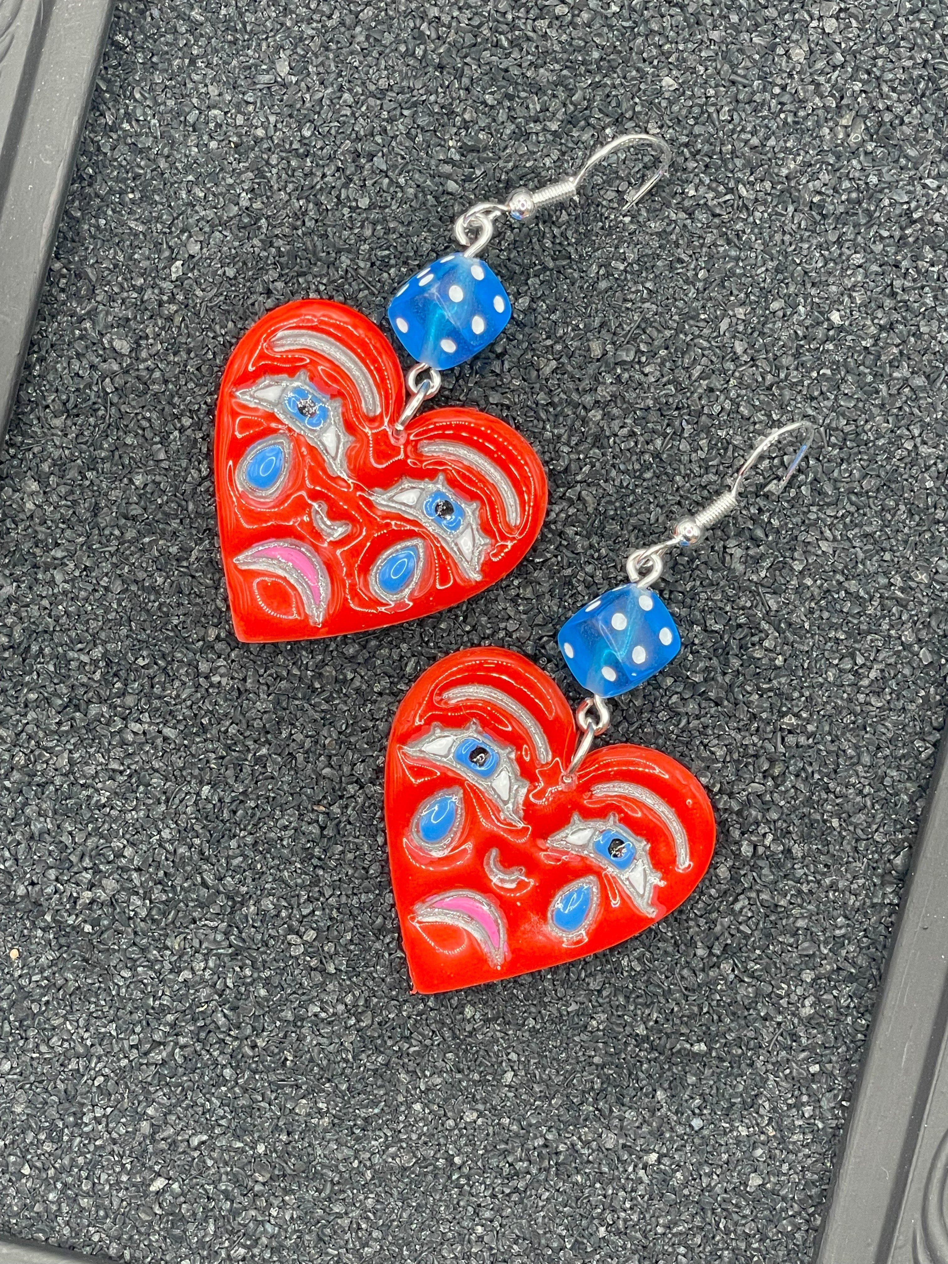 Tattoo-Crying Heart Earrings with Dice Detail: Handmade, and-Painted Polymer Clay