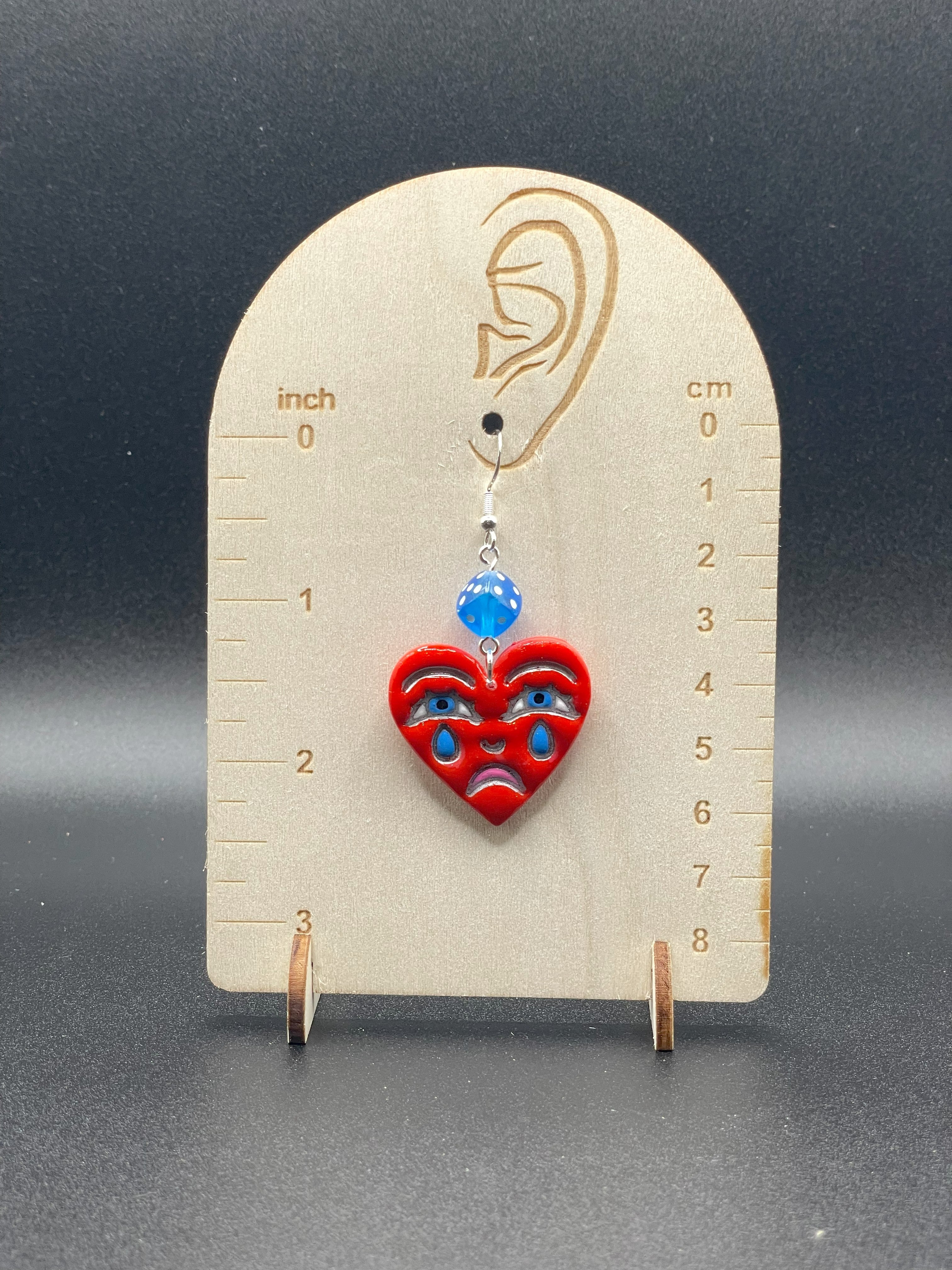 Tattoo-Crying Heart Earrings with Dice Detail: Handmade, and-Painted Polymer Clay
