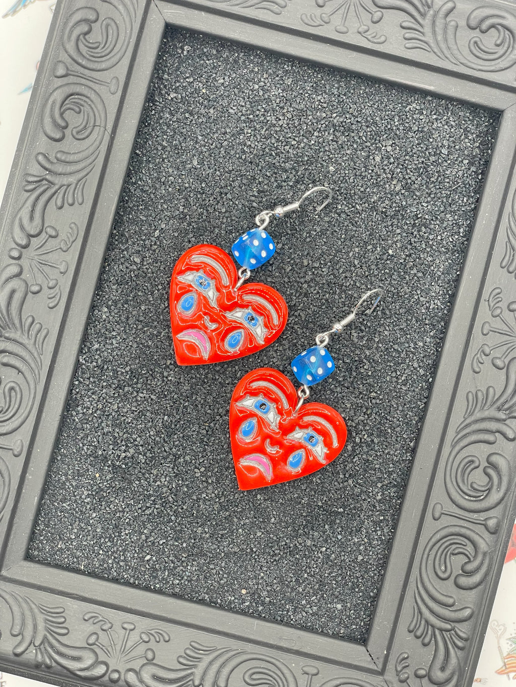 Tattoo-Crying Heart Earrings with Dice Detail: Handmade, and-Painted Polymer Clay