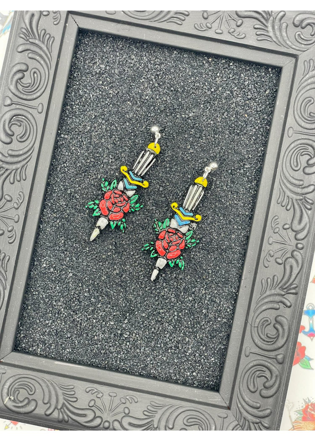 Tattoo-Dagger Rose Earrings: Handmade, Hand-Painted Polymer Clay