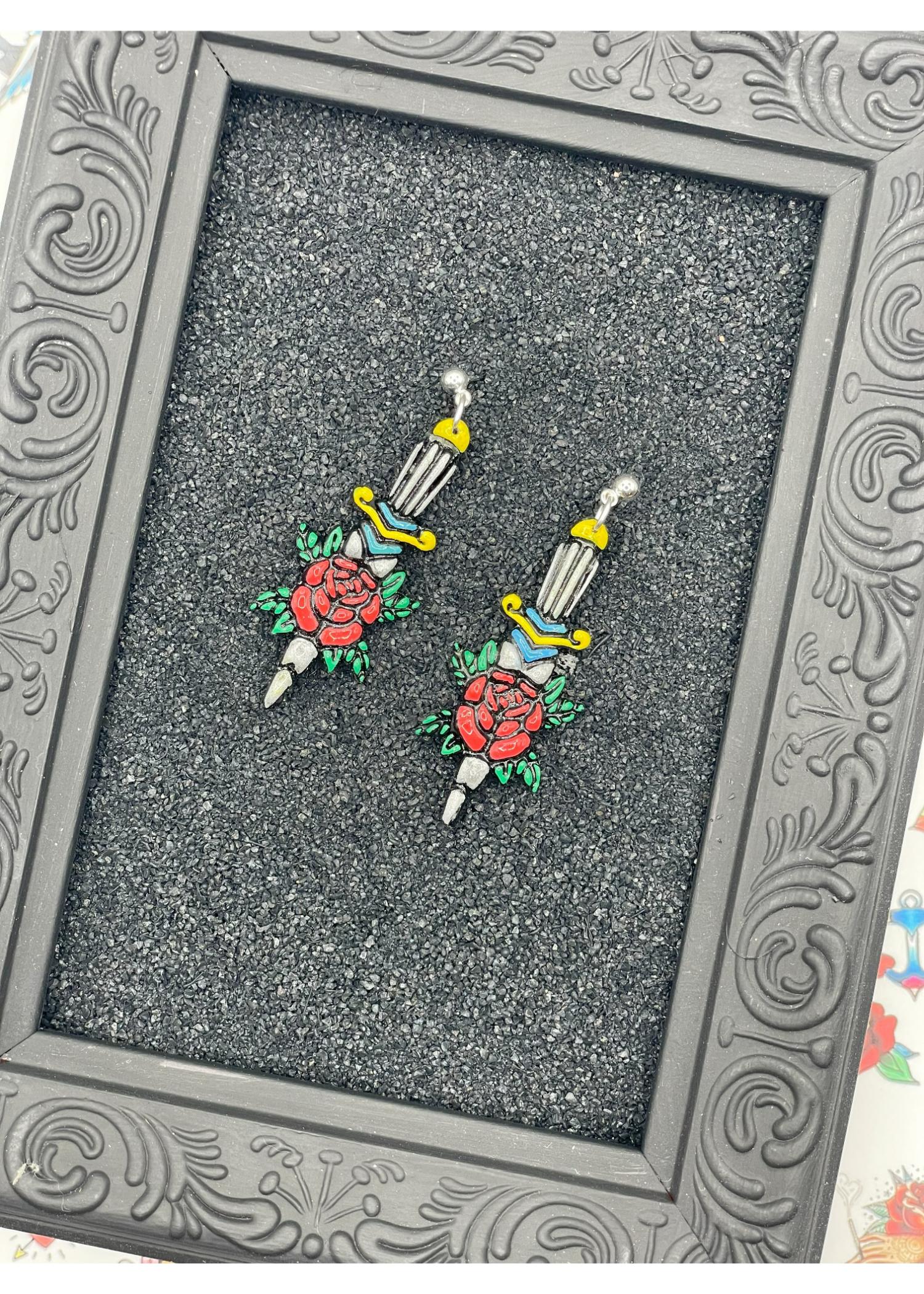Tattoo-Dagger Rose Earrings: Handmade, Hand-Painted Polymer Clay
