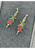 Tattoo-Dagger Rose Earrings: Handmade, Hand-Painted Polymer Clay