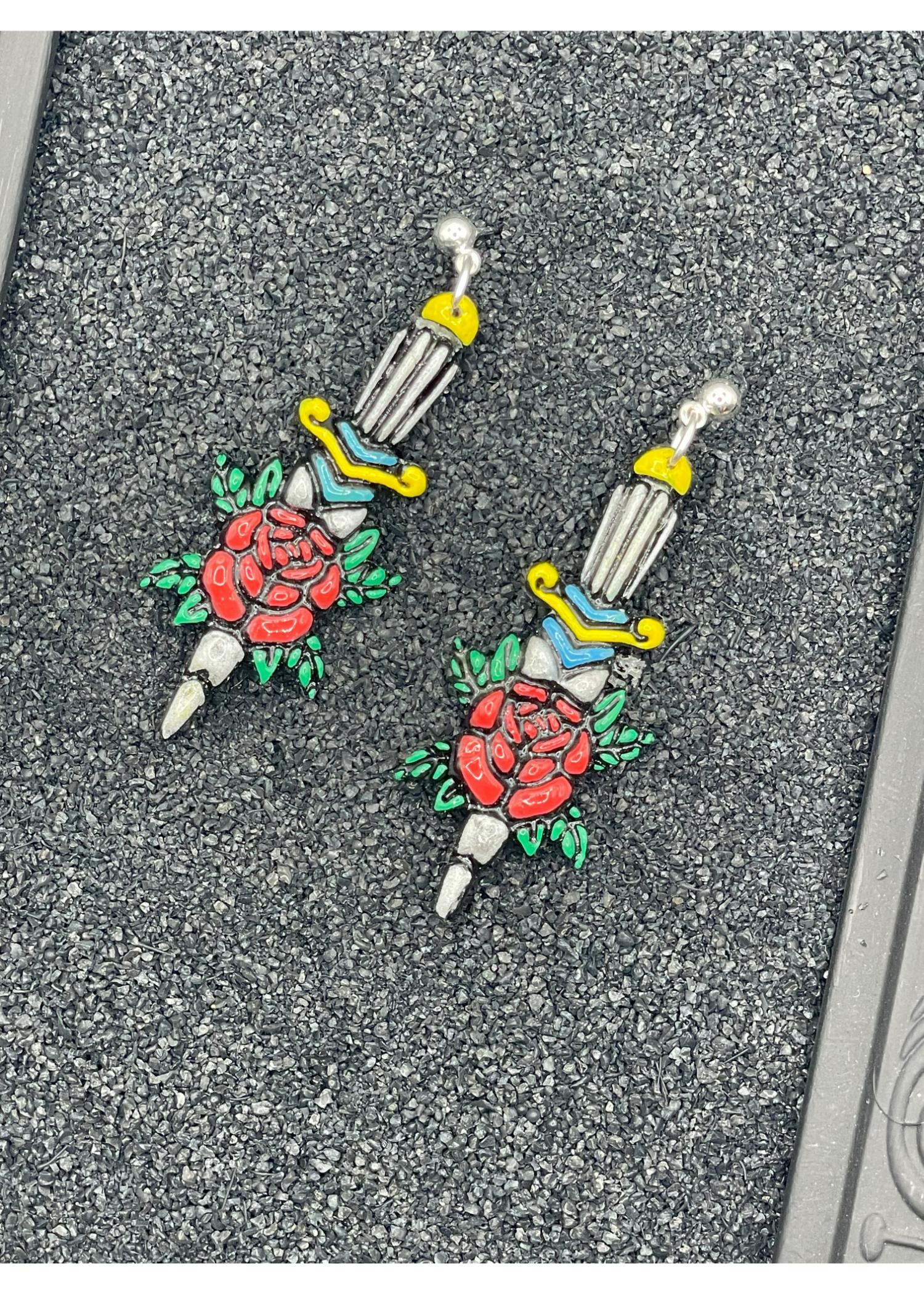 Tattoo-Dagger Rose Earrings: Handmade, Hand-Painted Polymer Clay