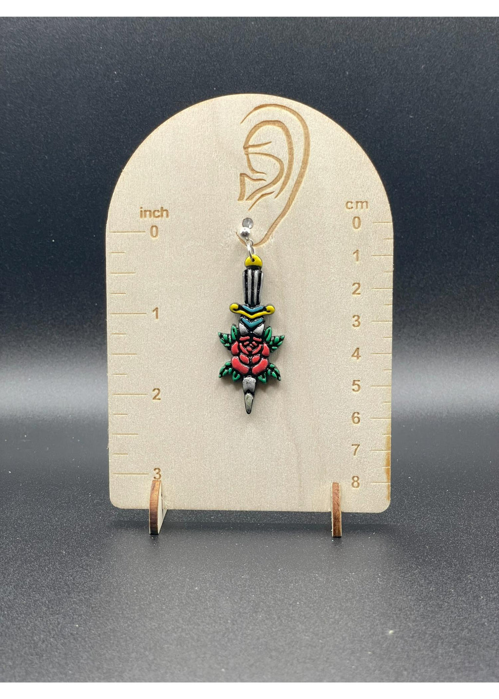 Tattoo-Dagger Rose Earrings: Handmade, Hand-Painted Polymer Clay