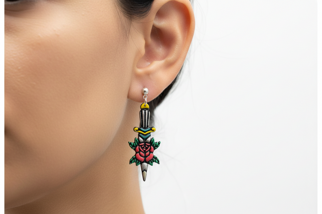 Tattoo-Dagger Rose Earrings: Handmade, Hand-Painted Polymer Clay