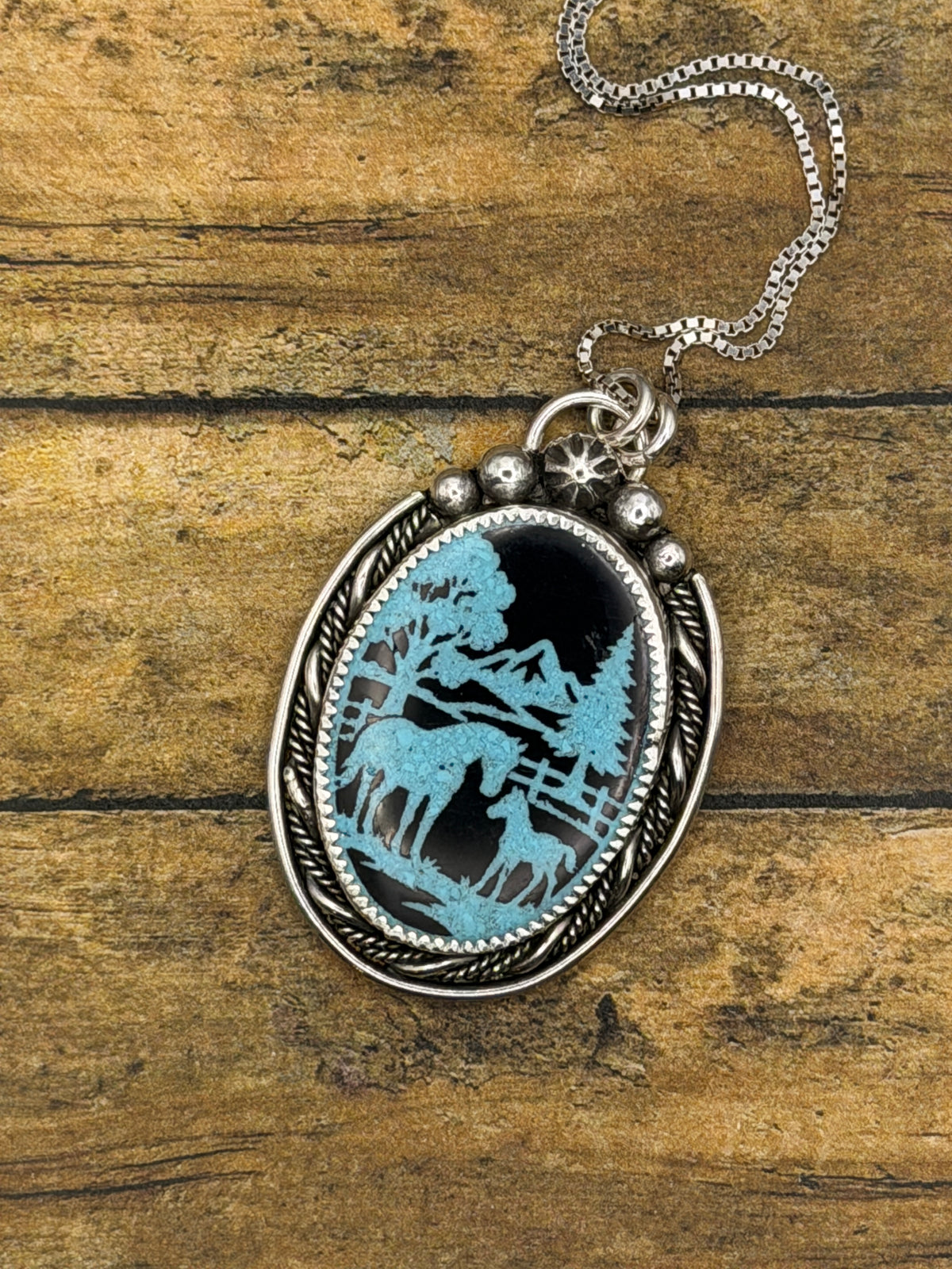 Mustang – Turquoise Inlay Horse Scene Pendant | Western Sterling Silver Necklace | Equestrian Jewelry