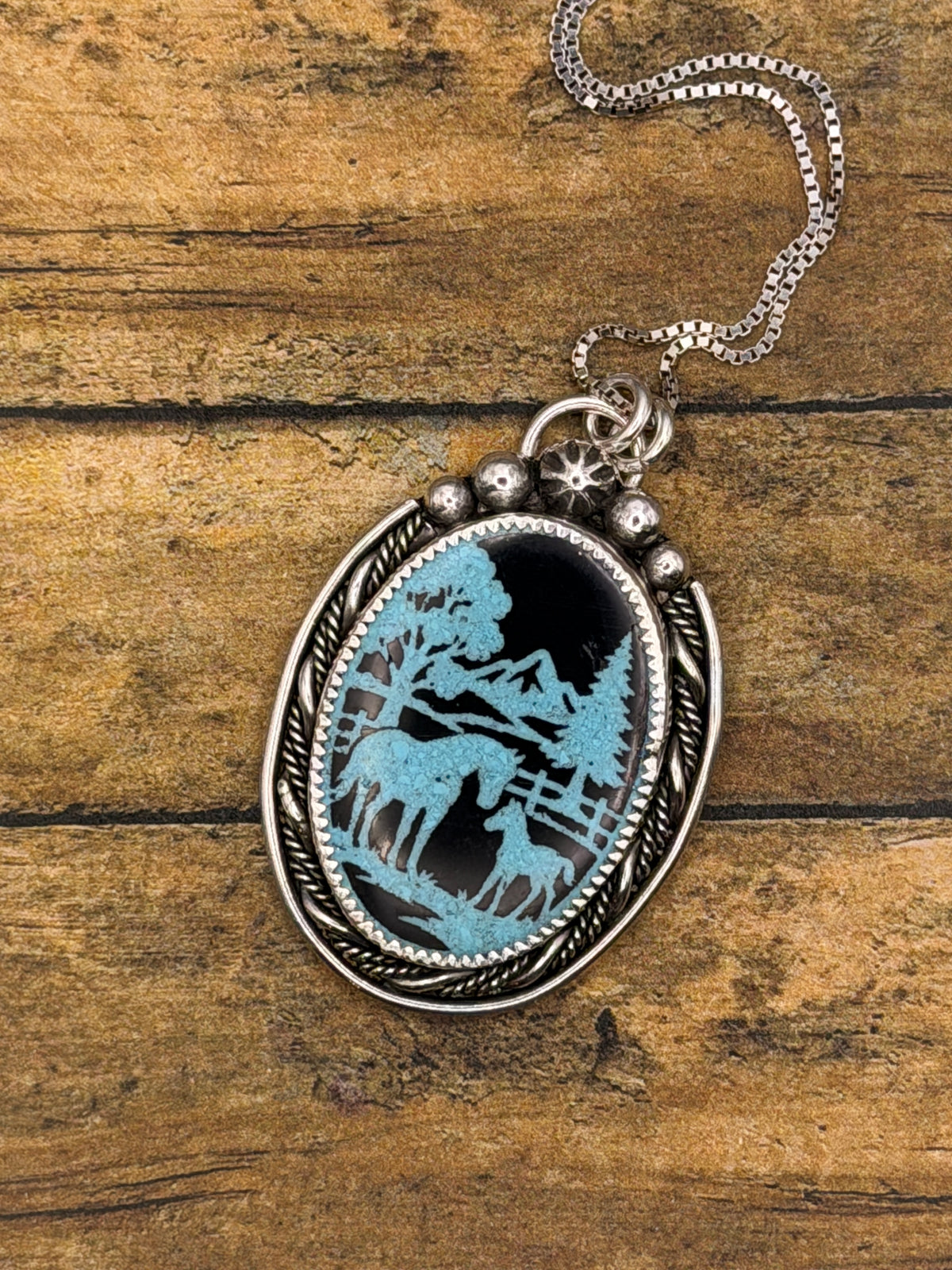 Mustang – Turquoise Inlay Horse Scene Pendant | Western Sterling Silver Necklace | Equestrian Jewelry
