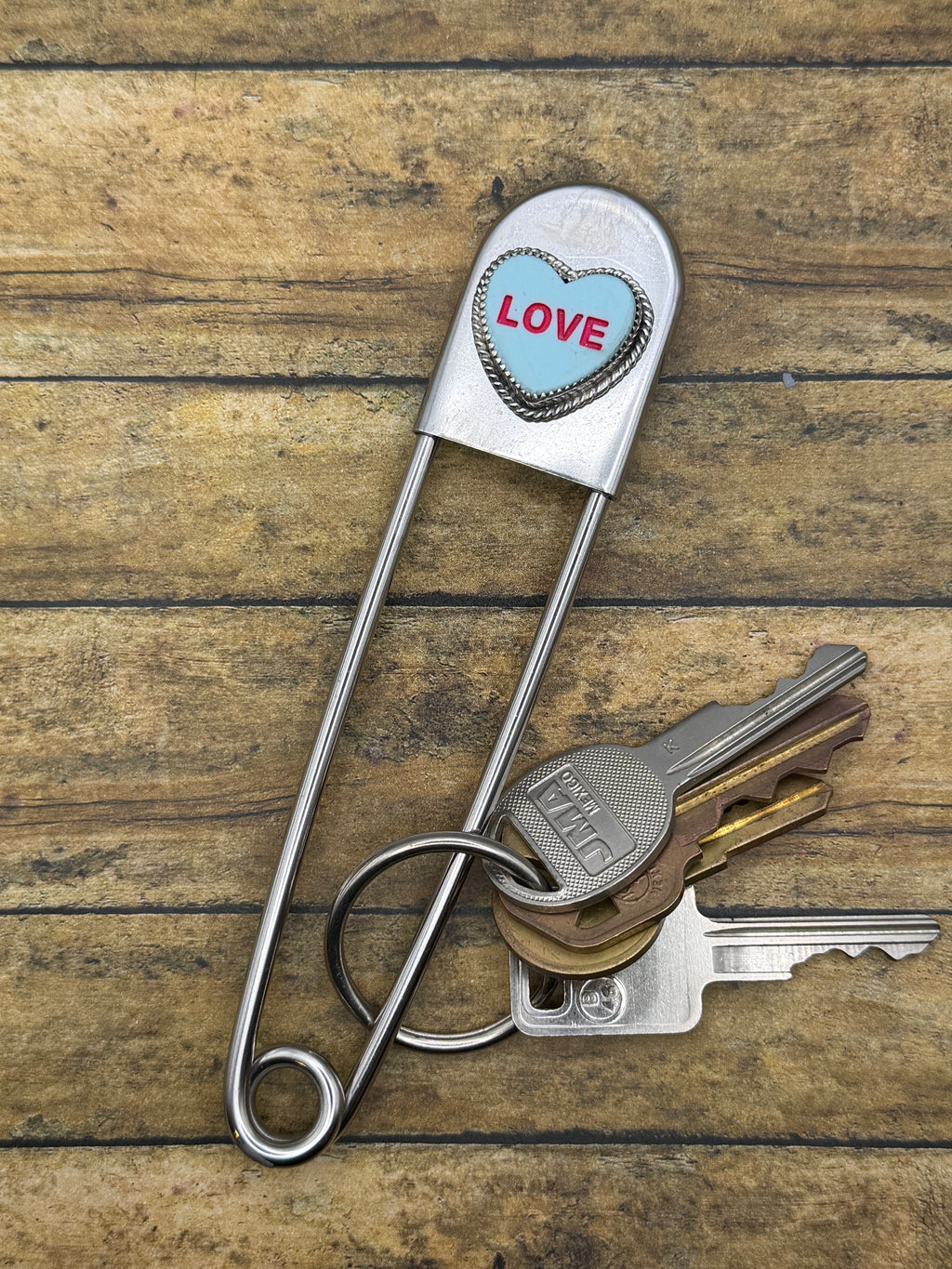 Milo – Blue LOVE Candy Heart Jumbo Safety Pin Keychain | Handmade Jewelry
