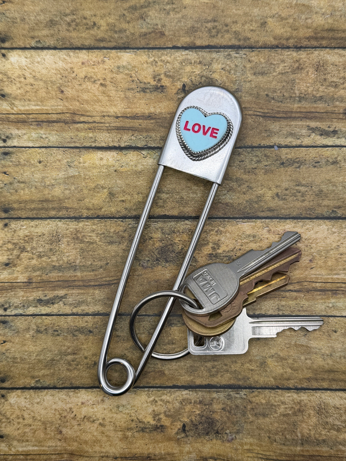 Milo – Blue LOVE Candy Heart Jumbo Safety Pin Keychain | Handmade Jewelry
