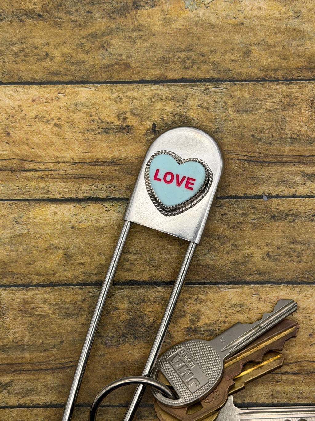 Milo – Blue LOVE Candy Heart Jumbo Safety Pin Keychain | Handmade Jewelry
