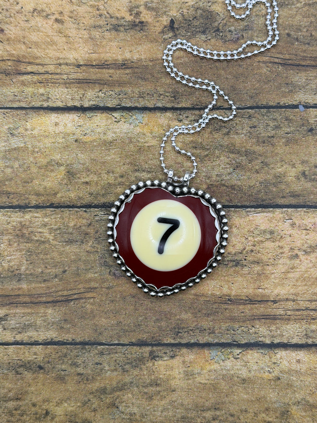 Susan – Vintage Billiard Ball #7 Pendant | Sterling Silver Lucky 7 Pool Ball Necklace | Handmade One-of-a-Kind
