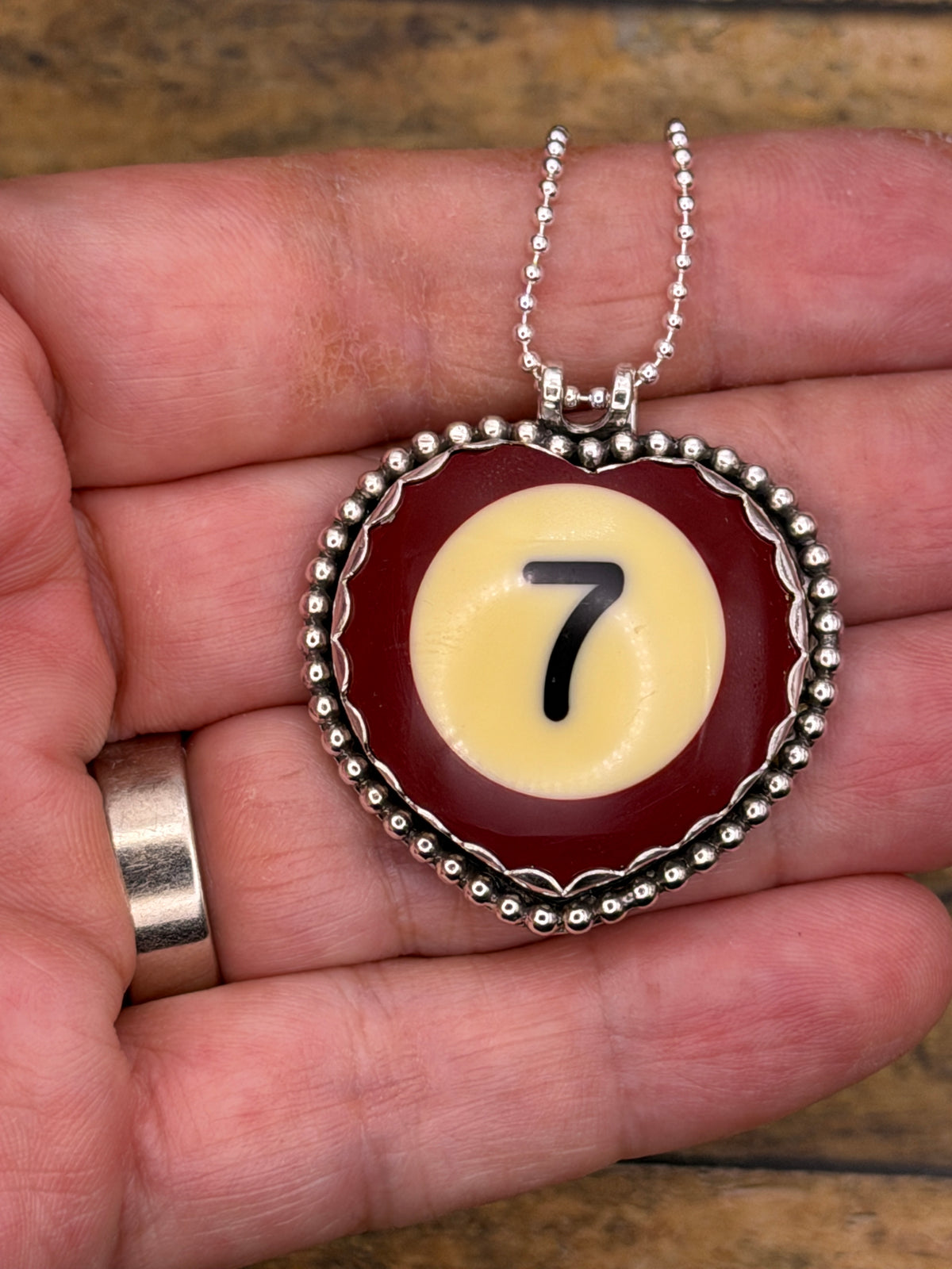 Susan – Vintage Billiard Ball #7 Pendant | Sterling Silver Lucky 7 Pool Ball Necklace | Handmade One-of-a-Kind
