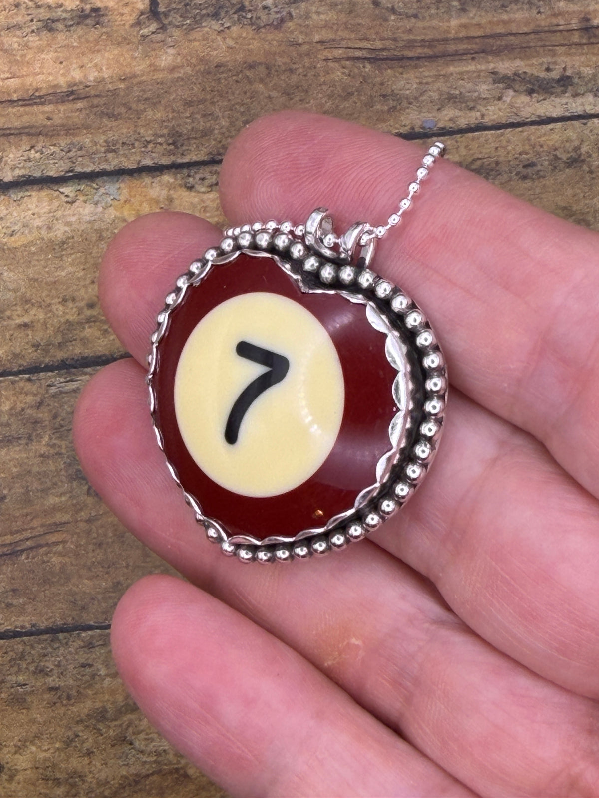 Susan – Vintage Billiard Ball #7 Pendant | Sterling Silver Lucky 7 Pool Ball Necklace | Handmade One-of-a-Kind