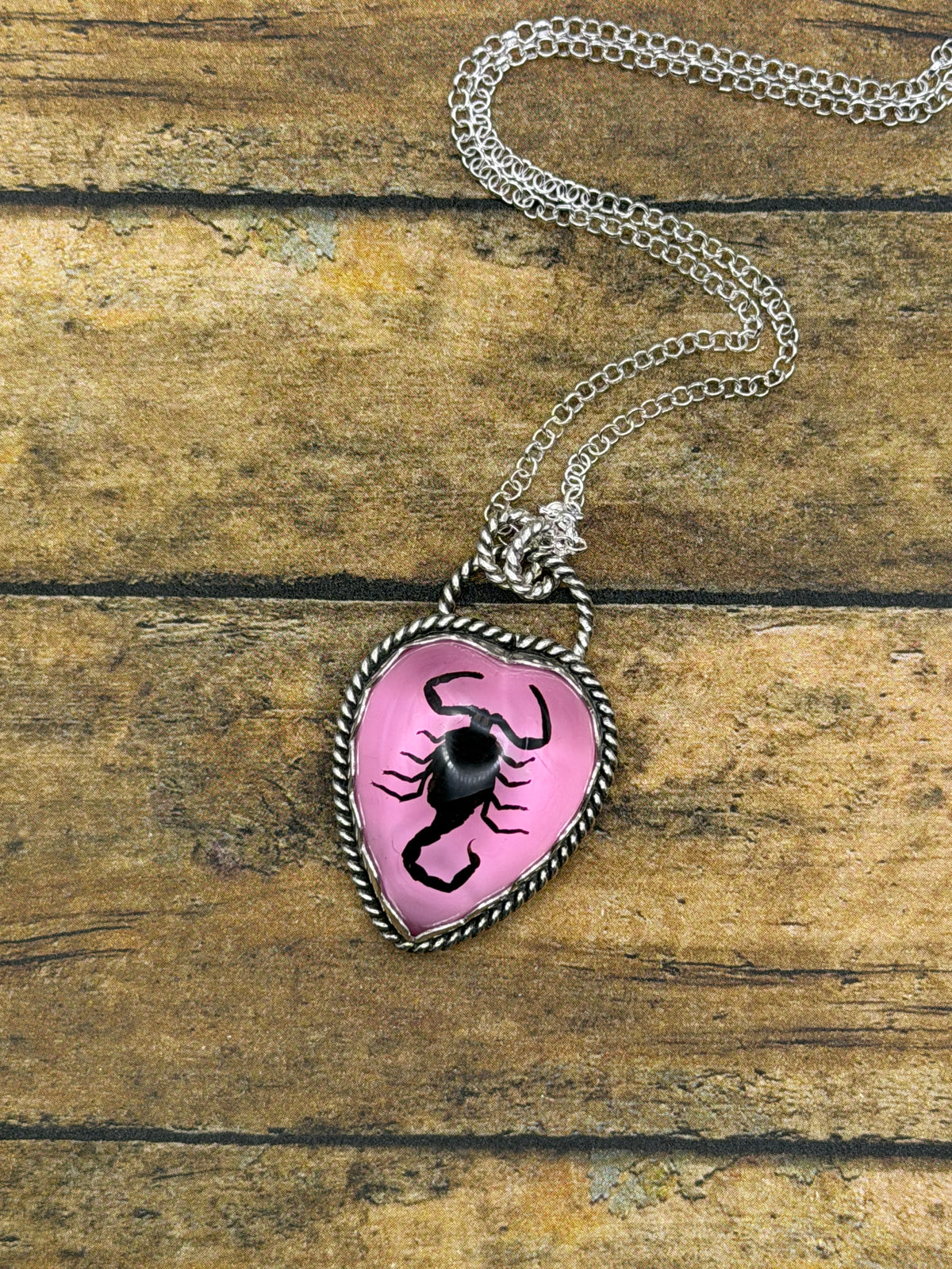 Wendy – Black Scorpion Barbie Pink Resin Heart Pendant | Gothic Jewelry | Dark Fantasy