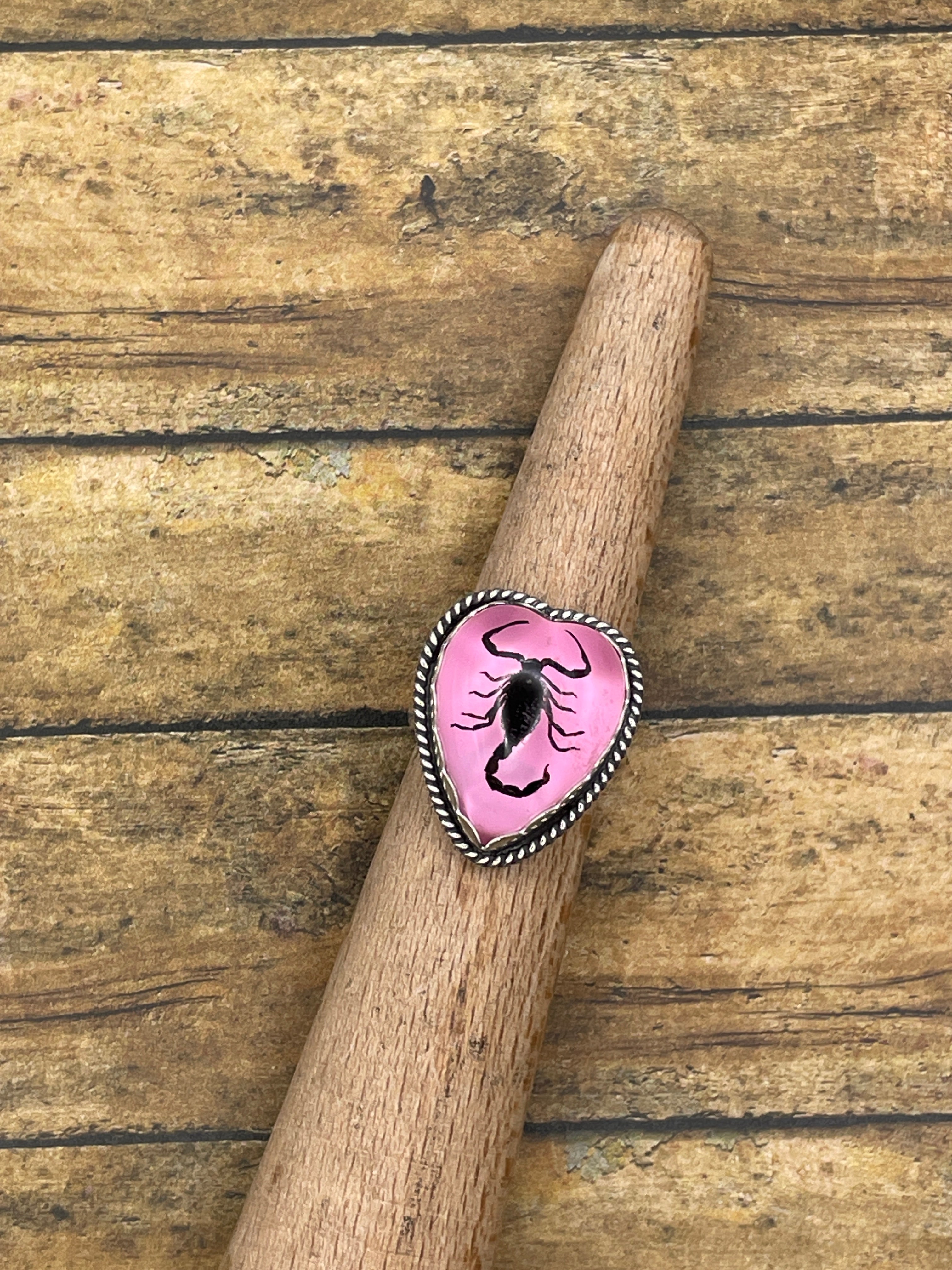 Wendy-Black Scorpion in Pink Resin Heart Ring