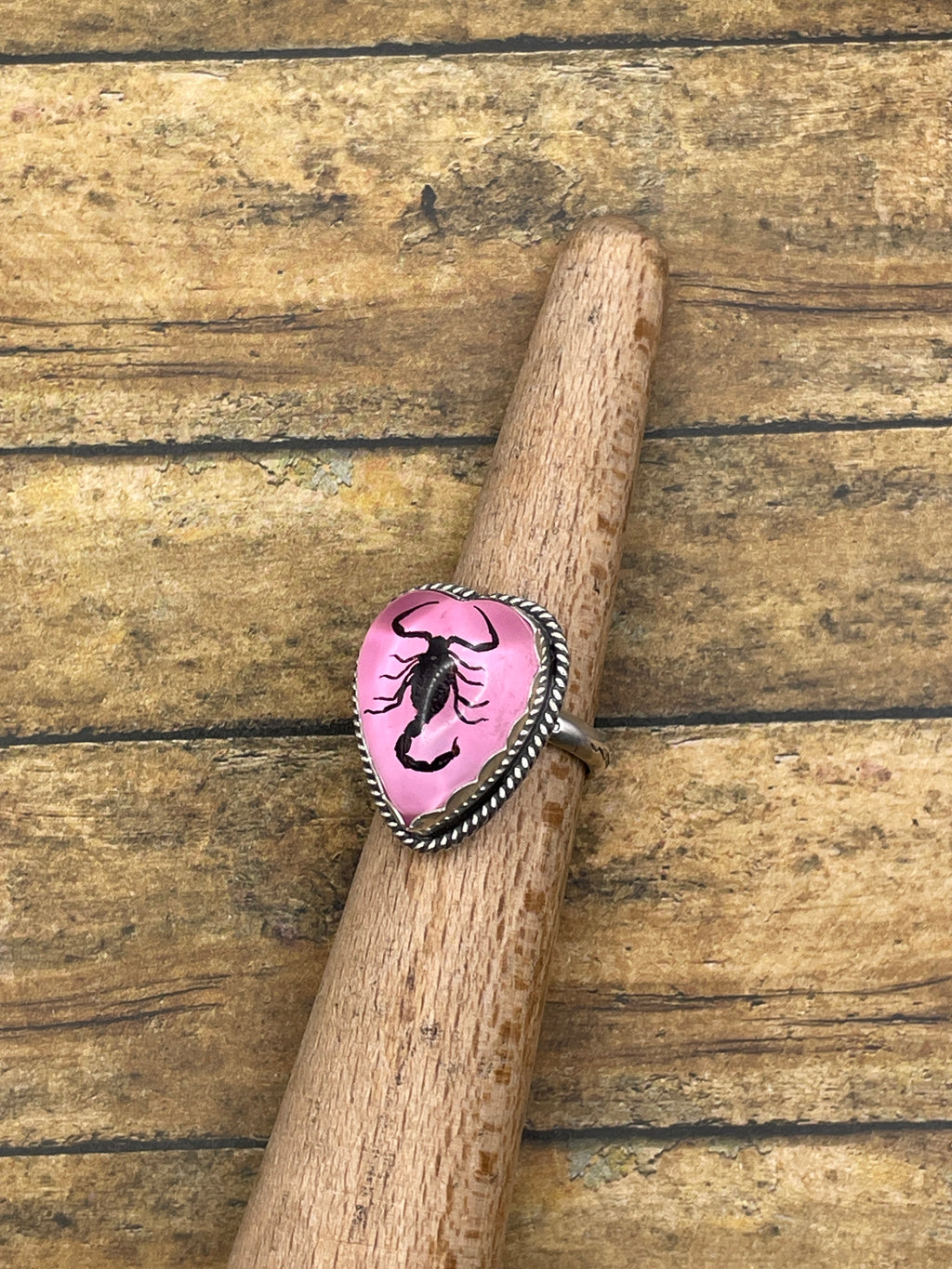 Wendy-Black Scorpion in Pink Resin Heart Ring