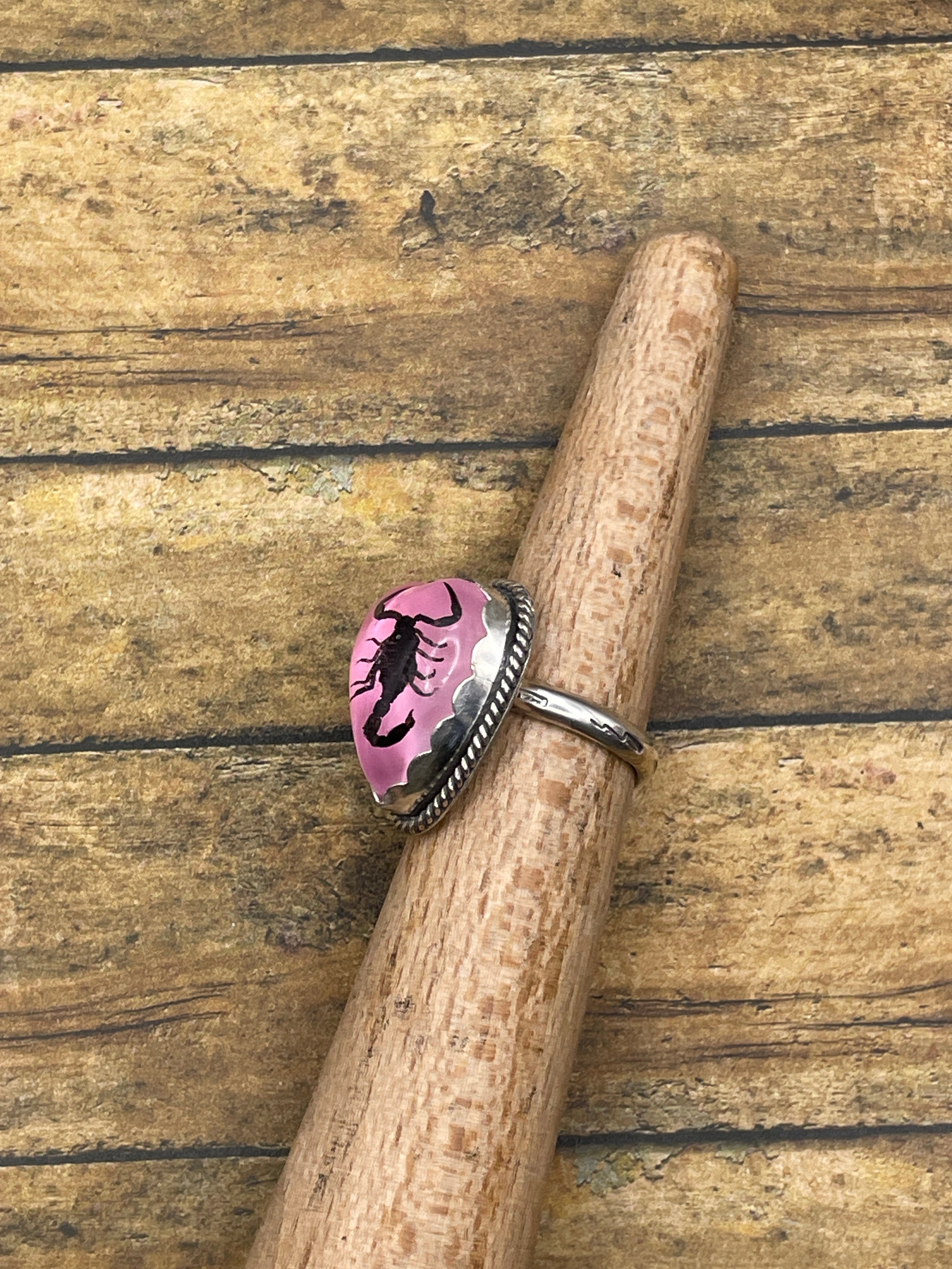 Wendy-Black Scorpion in Pink Resin Heart Ring