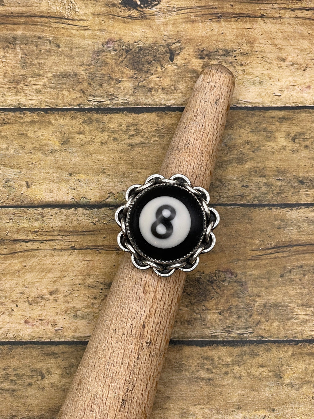 Sabryna-Billiard 8-Ball Ring with Chain Detail