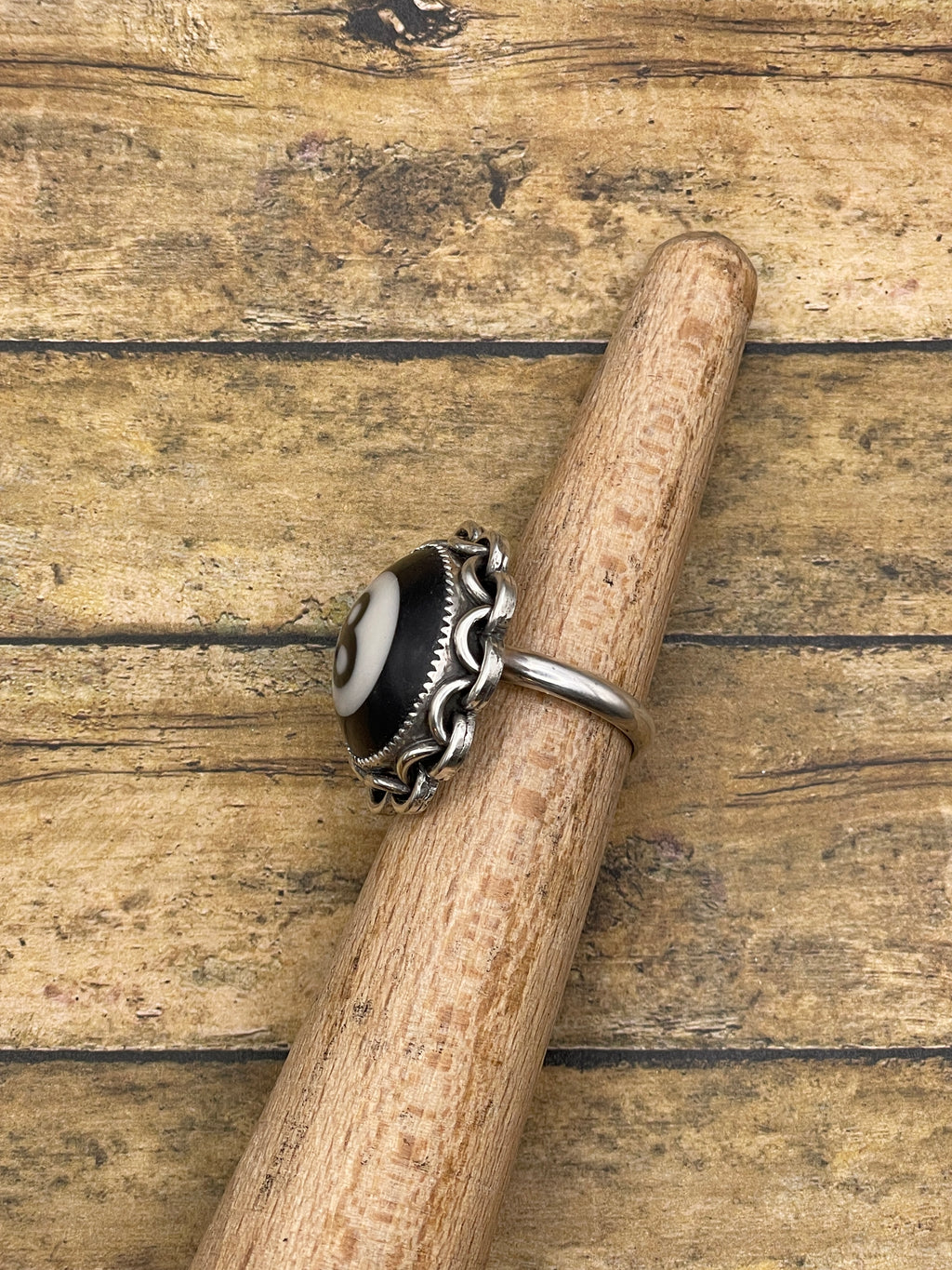 Sabryna-Billiard 8-Ball Ring with Chain Detail