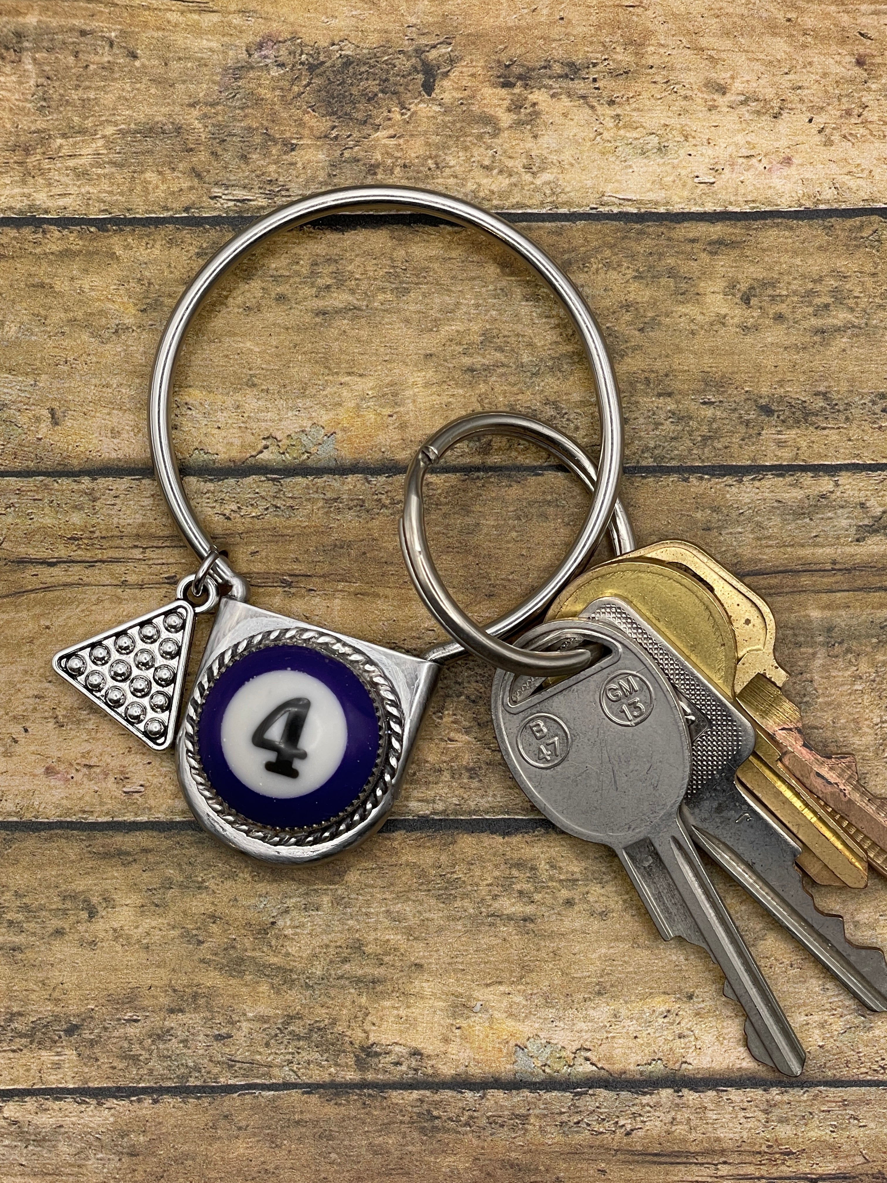 Sara-Round Safety Pin Keychain with Billiard Ball Detail
