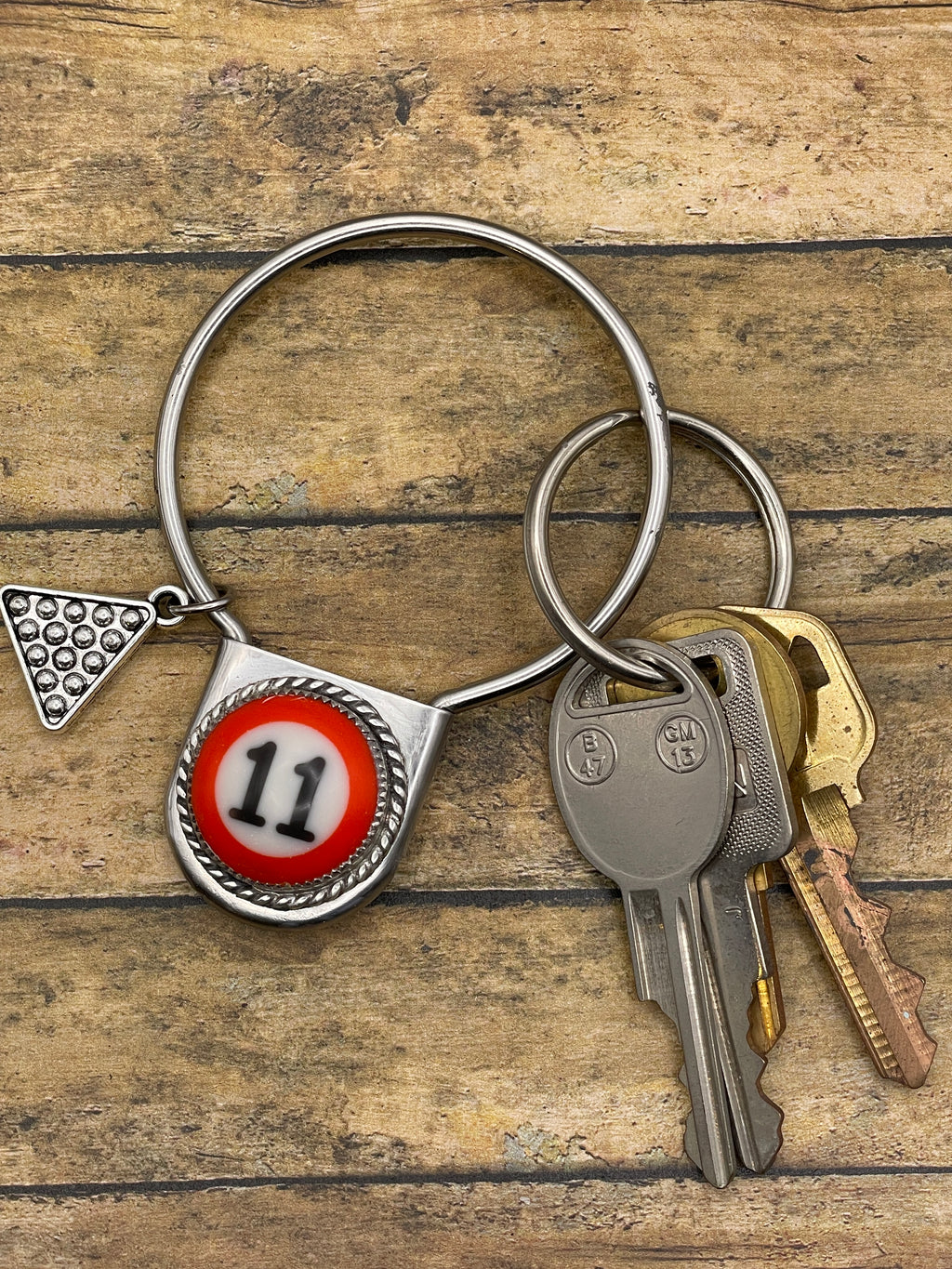Saul-Round Safety Pin Keychain with Billiard Ball #11 Detail
