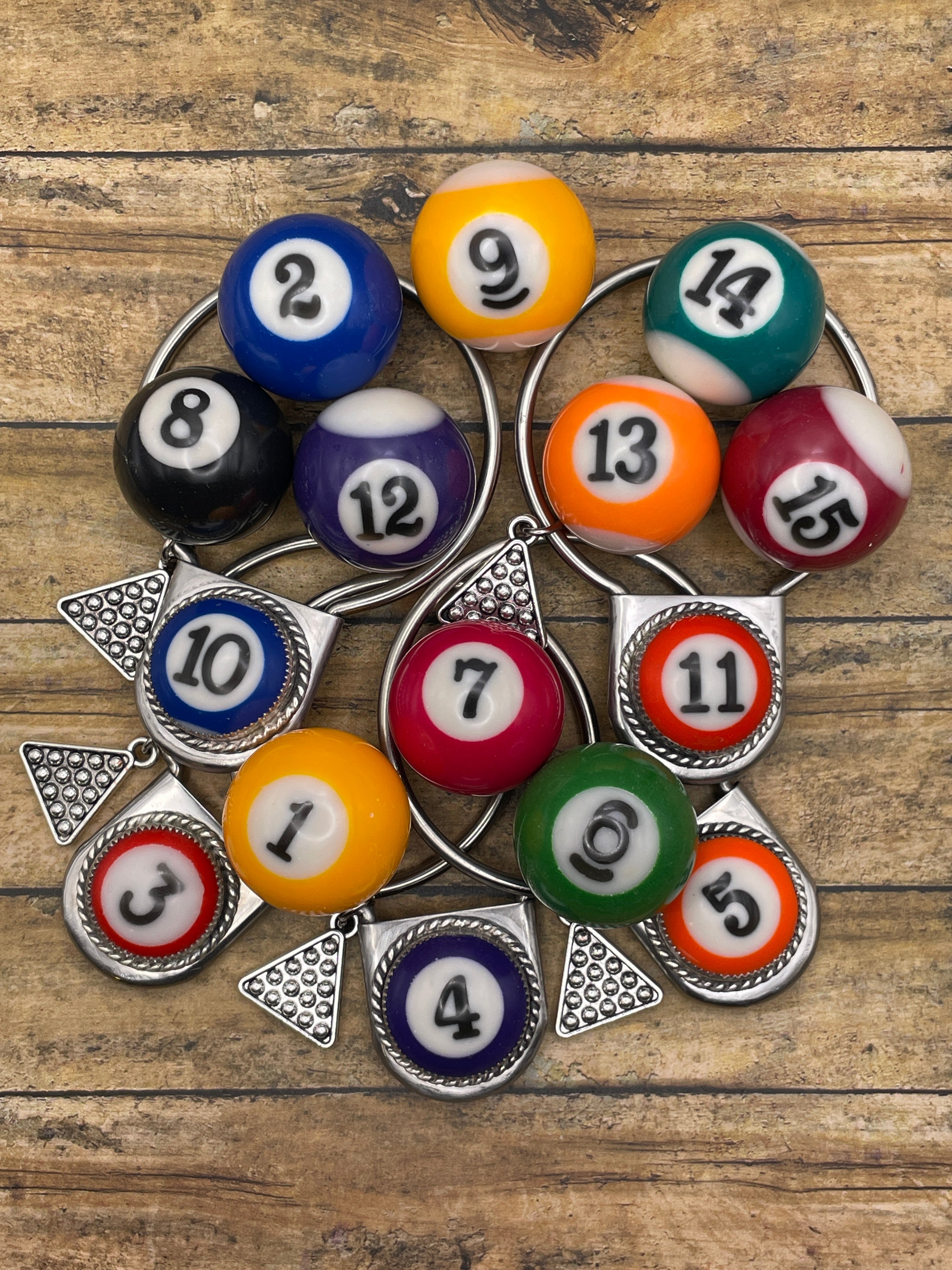 Sara-Round Safety Pin Keychain with Billiard Ball Detail