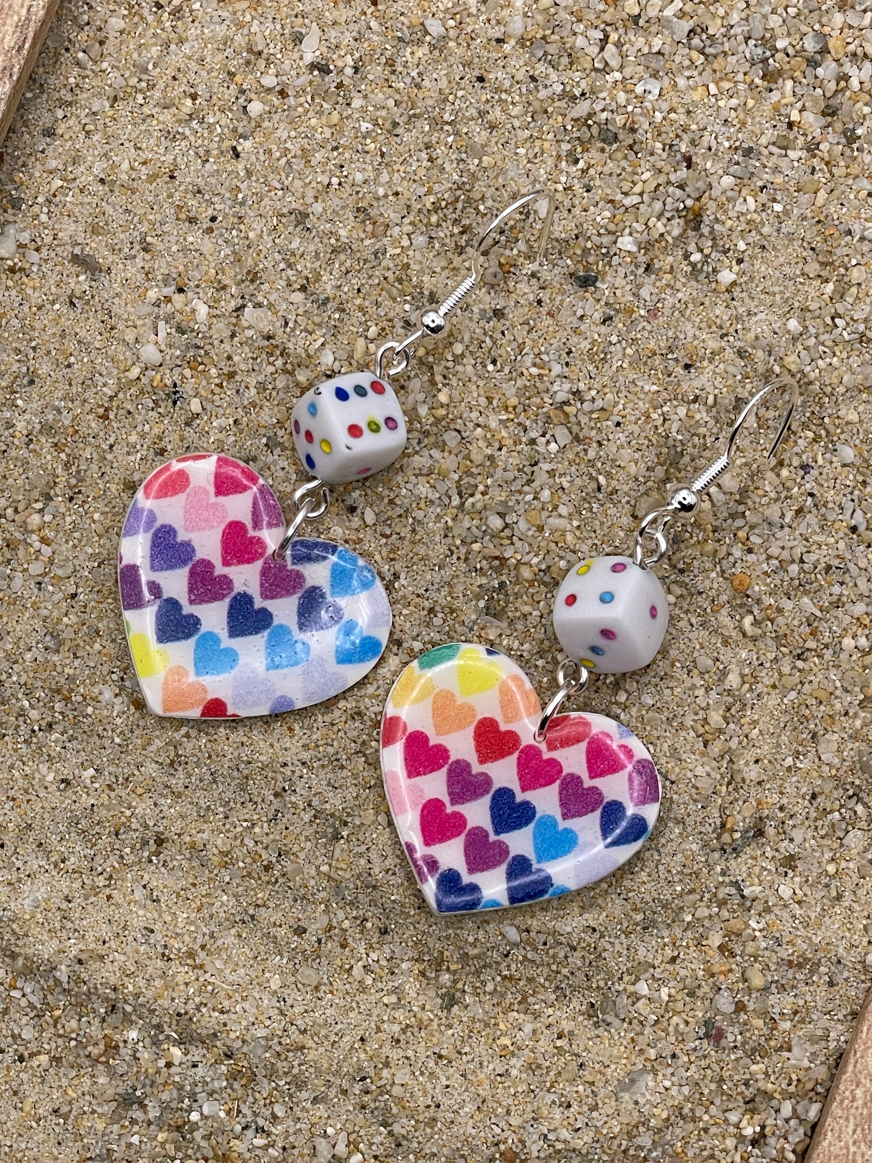 Love-Rainbow Heart Print with Dice Earrings: Handmade, Hand-Painted Polymer Clay